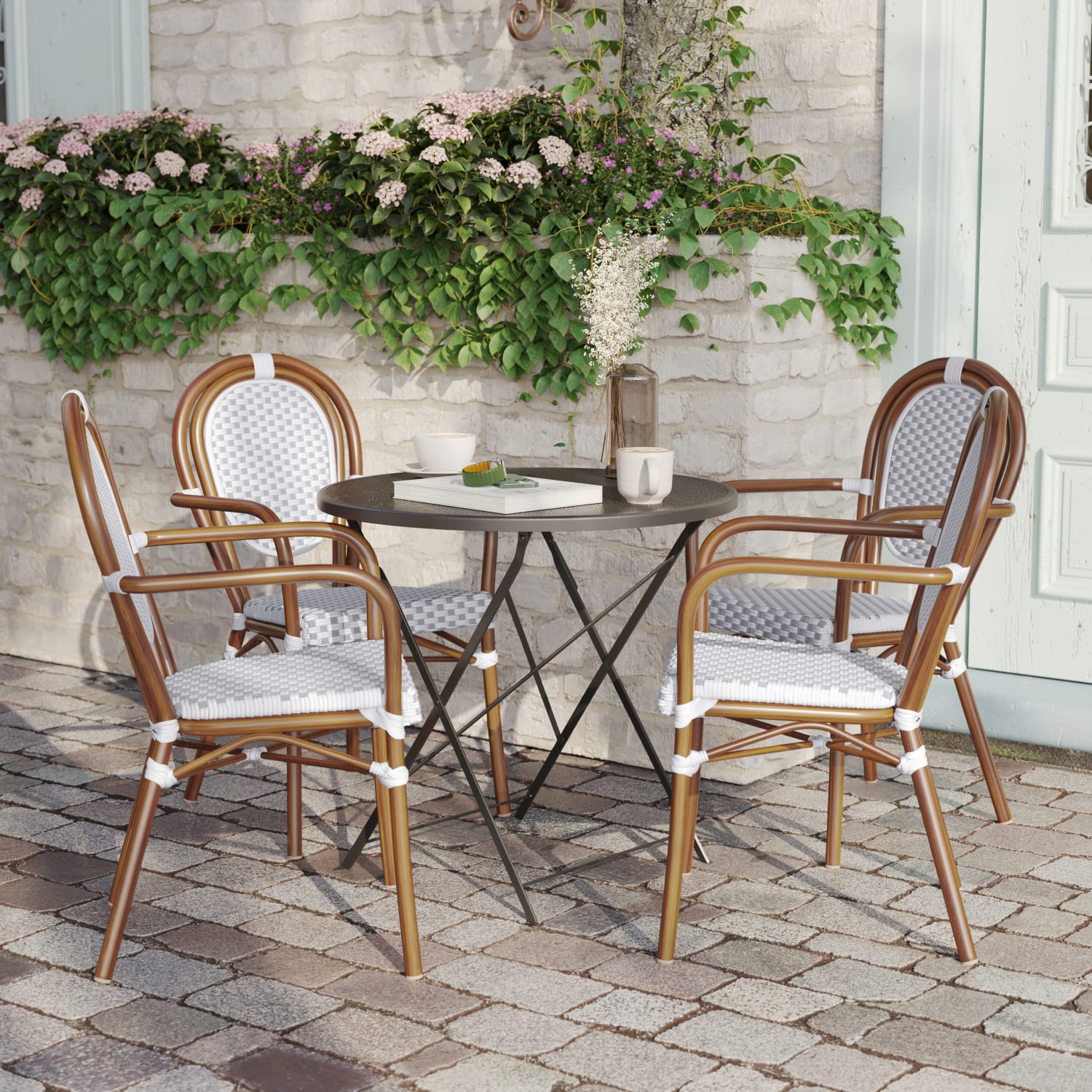 Flash Furniture 4 Pack Lourdes IndoorOutdoor Commercial Thonet Bistro Stacking Chair with Arms White  GrayNatural Frame  4SDA6422AWGYN PopularChairscom
