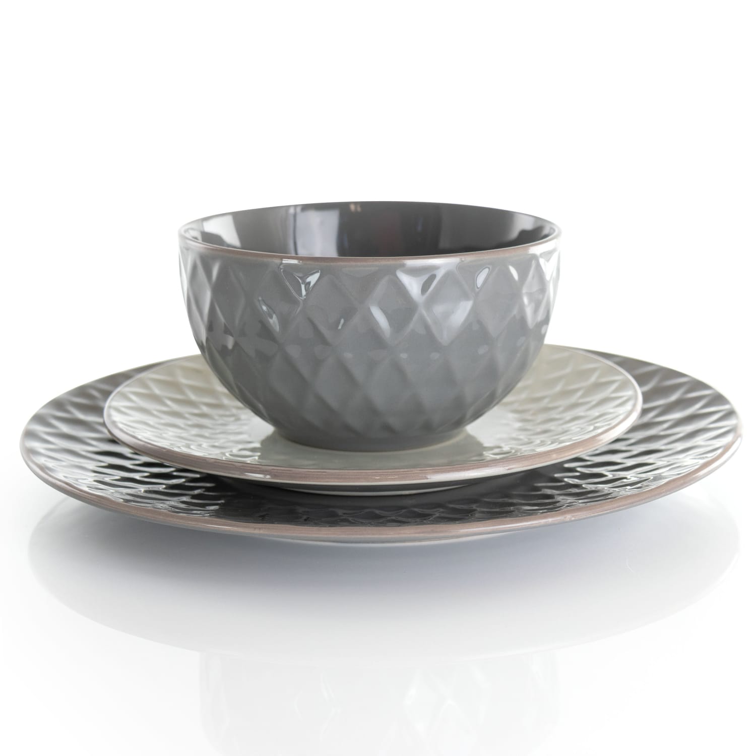 Elama Tahitian Diamond 16-Piece Stoneware Dinnerware Set, Slate/Pearl - Image 3