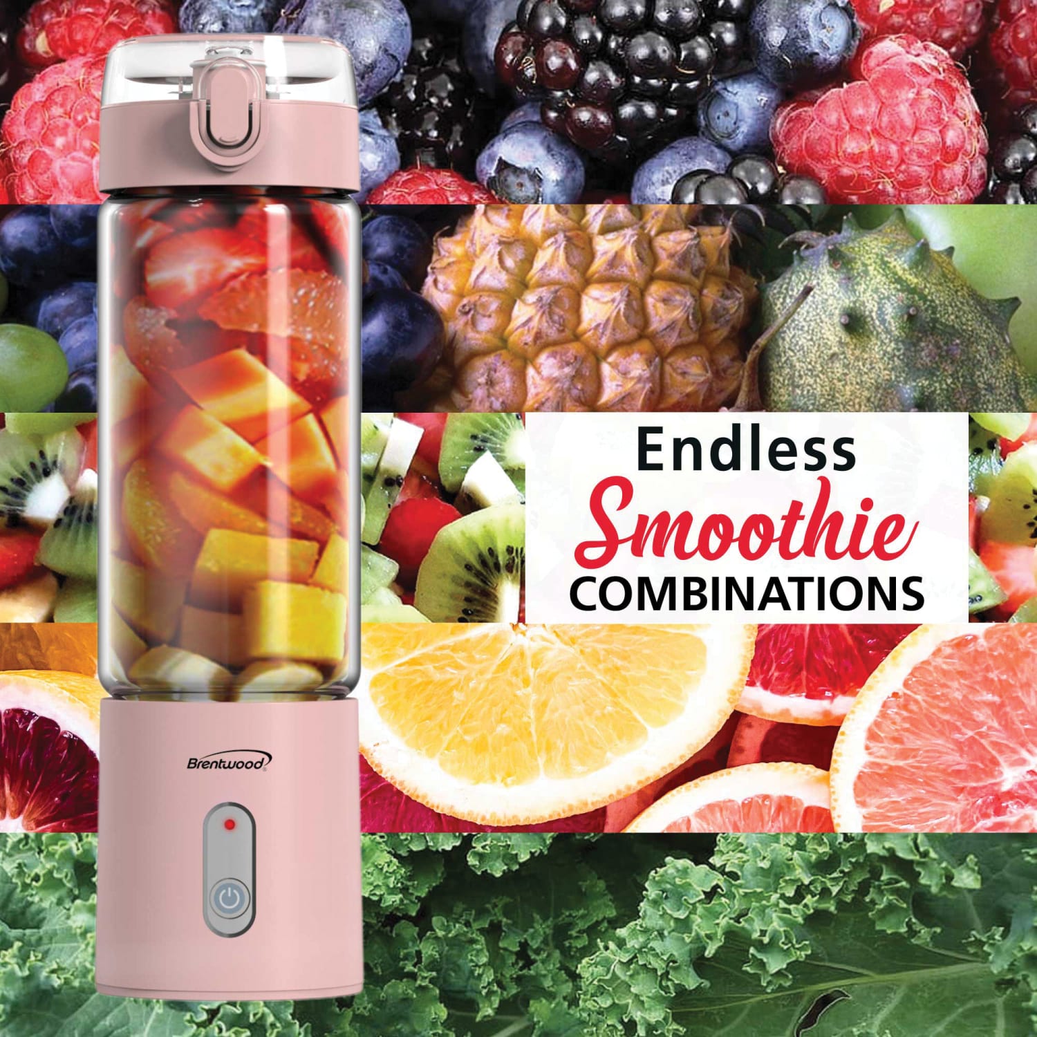 Brentwood 50-Watt 17 Oz Portable Battery-Operated USB-Chargeable Glass Blender, Pink - Image 5