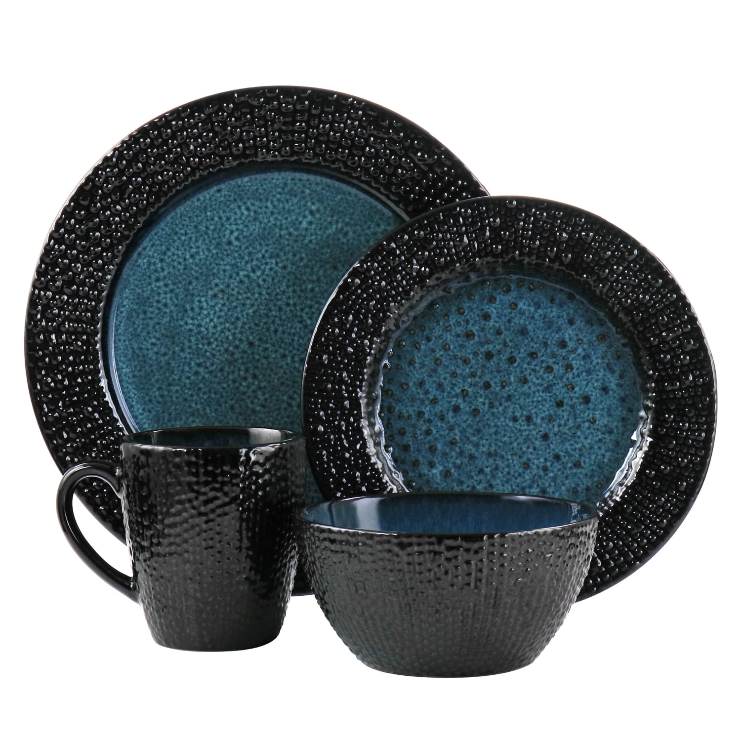 Elama Estevan 16-Piece Round Textured Stoneware Dinnerware Set, Charcoal/Blue - Image 3