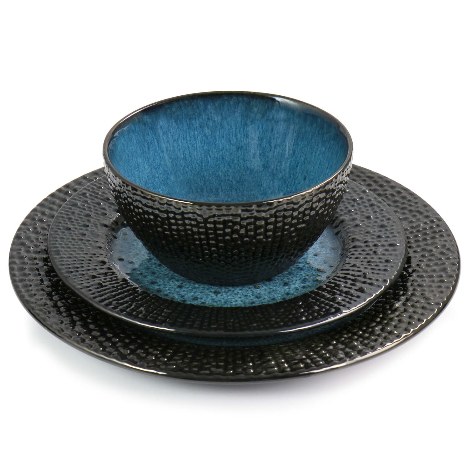 Elama Estevan 16-Piece Round Textured Stoneware Dinnerware Set, Charcoal/Blue - Image 4