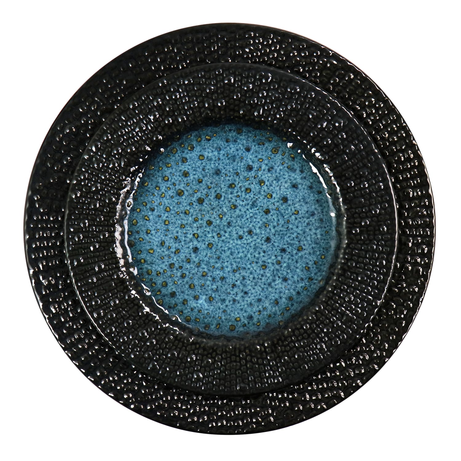 Elama Estevan 16-Piece Round Textured Stoneware Dinnerware Set, Charcoal/Blue - Image 5