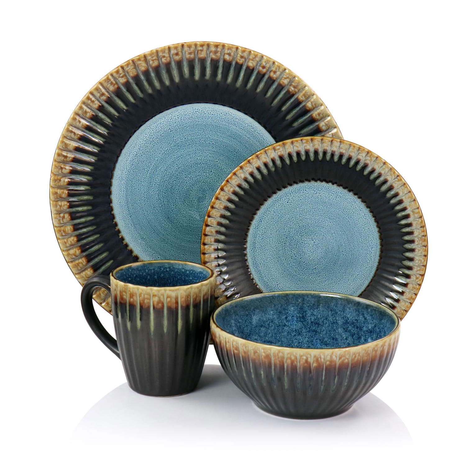 Elama Tavilla 16-Piece Round Stoneware Dinnerware Set, Brown/Blue - Image 3