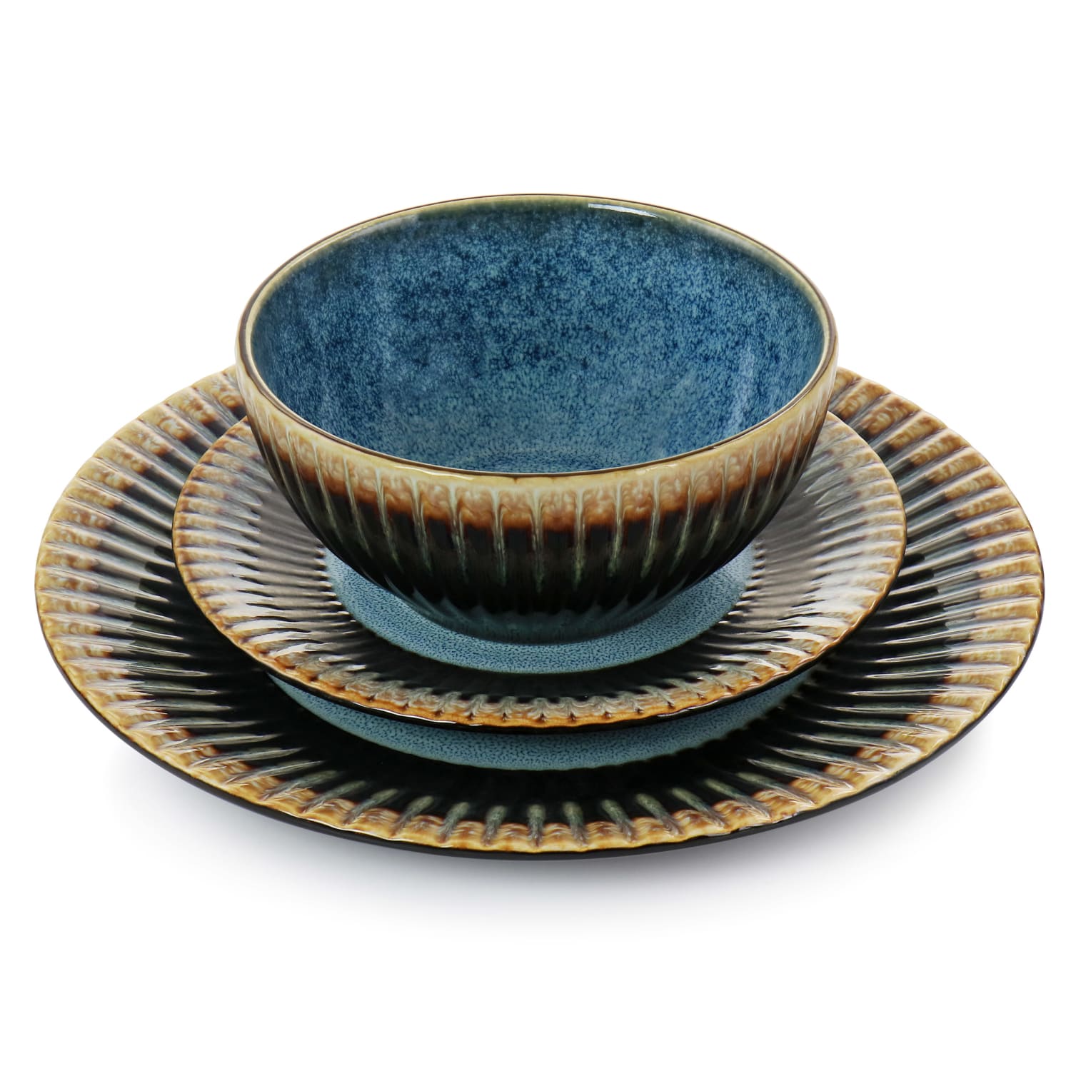 Elama Tavilla 16-Piece Round Stoneware Dinnerware Set, Brown/Blue - Image 4