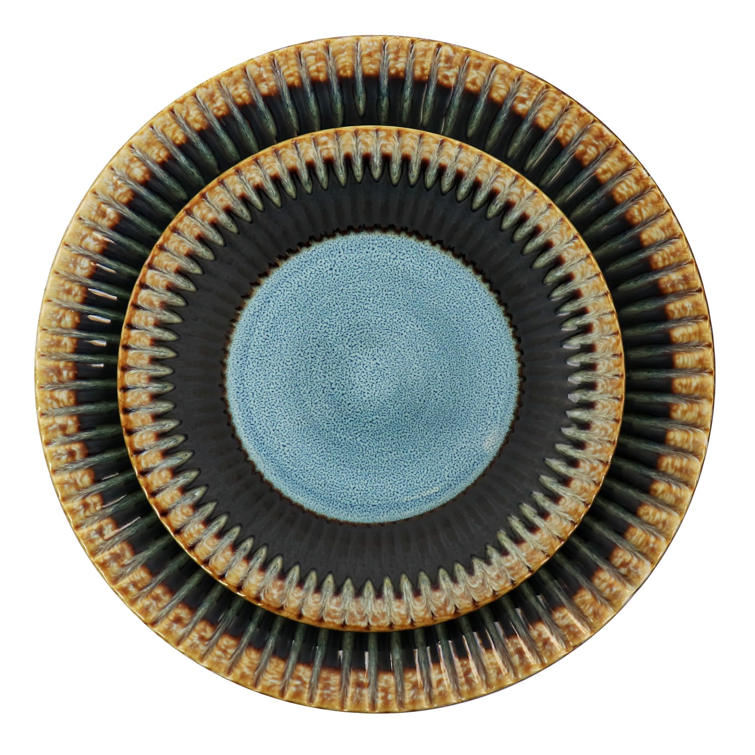 Elama Tavilla 16-Piece Round Stoneware Dinnerware Set, Brown/Blue - Image 5