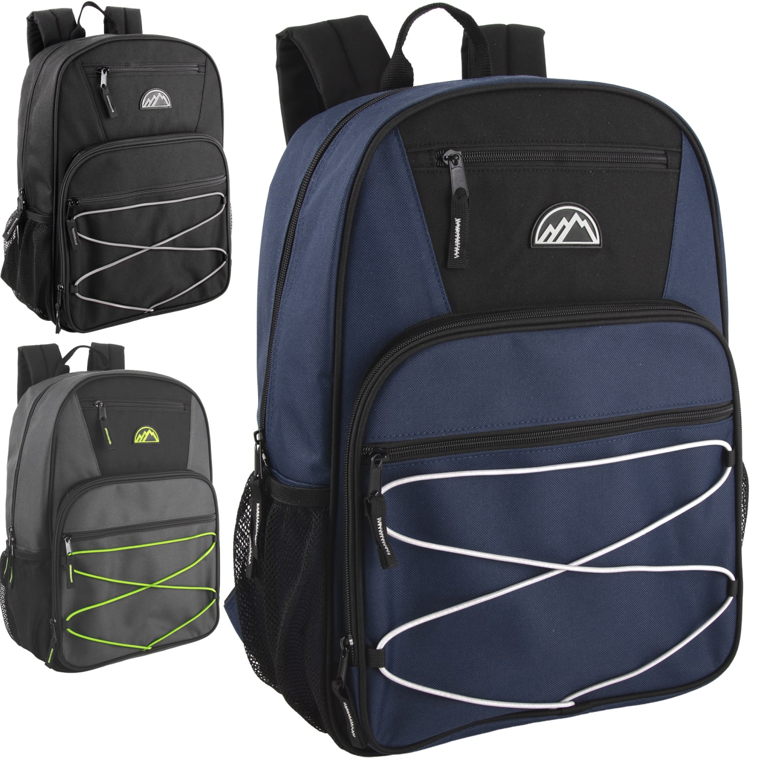 Mountain Edge Multi-Pocket Bungee Cord Sport Backpacks, Black/Blue/Gray, Total Qty 24