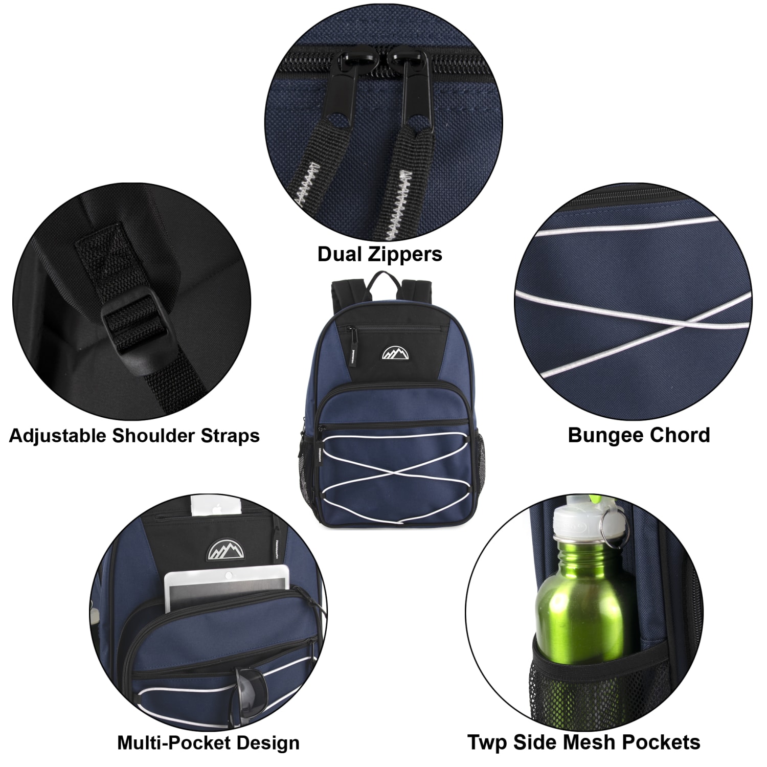 Mountain Edge Multi-Pocket Bungee Cord Sport Backpacks, Black/Blue/Gray, Total Qty 24 - Image 3