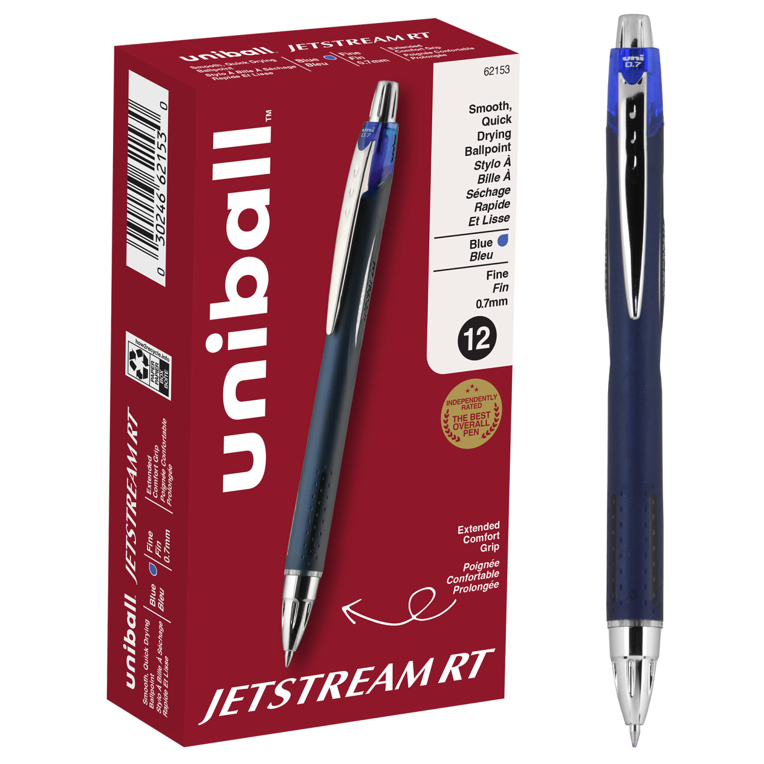 uni-ball Jetstream RT Retractable Ballpoint Pens, Fine Point, 0.7 mm, Blue Barrel, Blue Ink, Pack Of 12