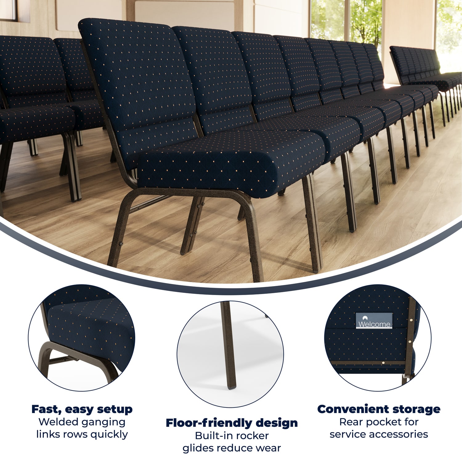 Flash Furniture HERCULES Series 21inW Stackable Church Chair Navy BlueGoldvein PopularChairscom