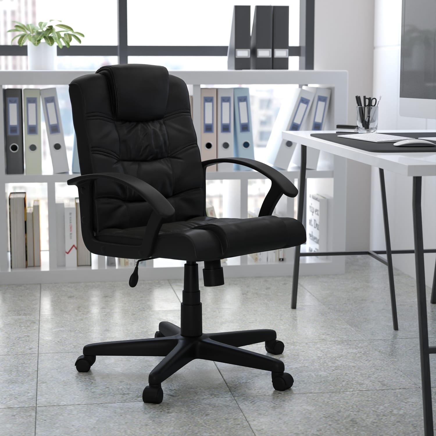 Flash Furniture LeatherSoft Faux Leather Mid-Back Swivel Task Chair With 21 1/2in Back Cushion, Black