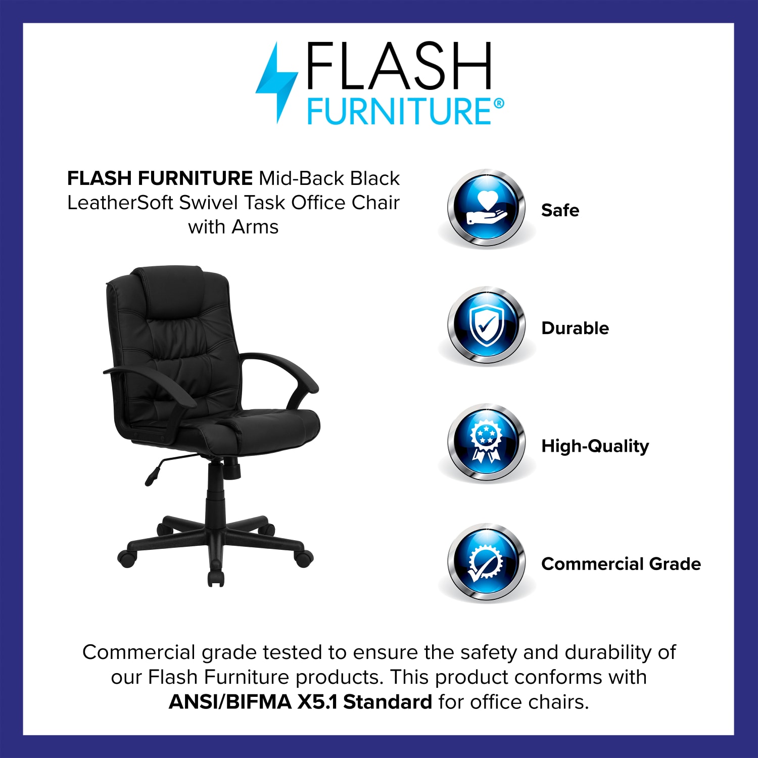 Flash Furniture LeatherSoft Faux Leather Mid-Back Swivel Task Chair With 21 1/2in Back Cushion, Black - Image 5