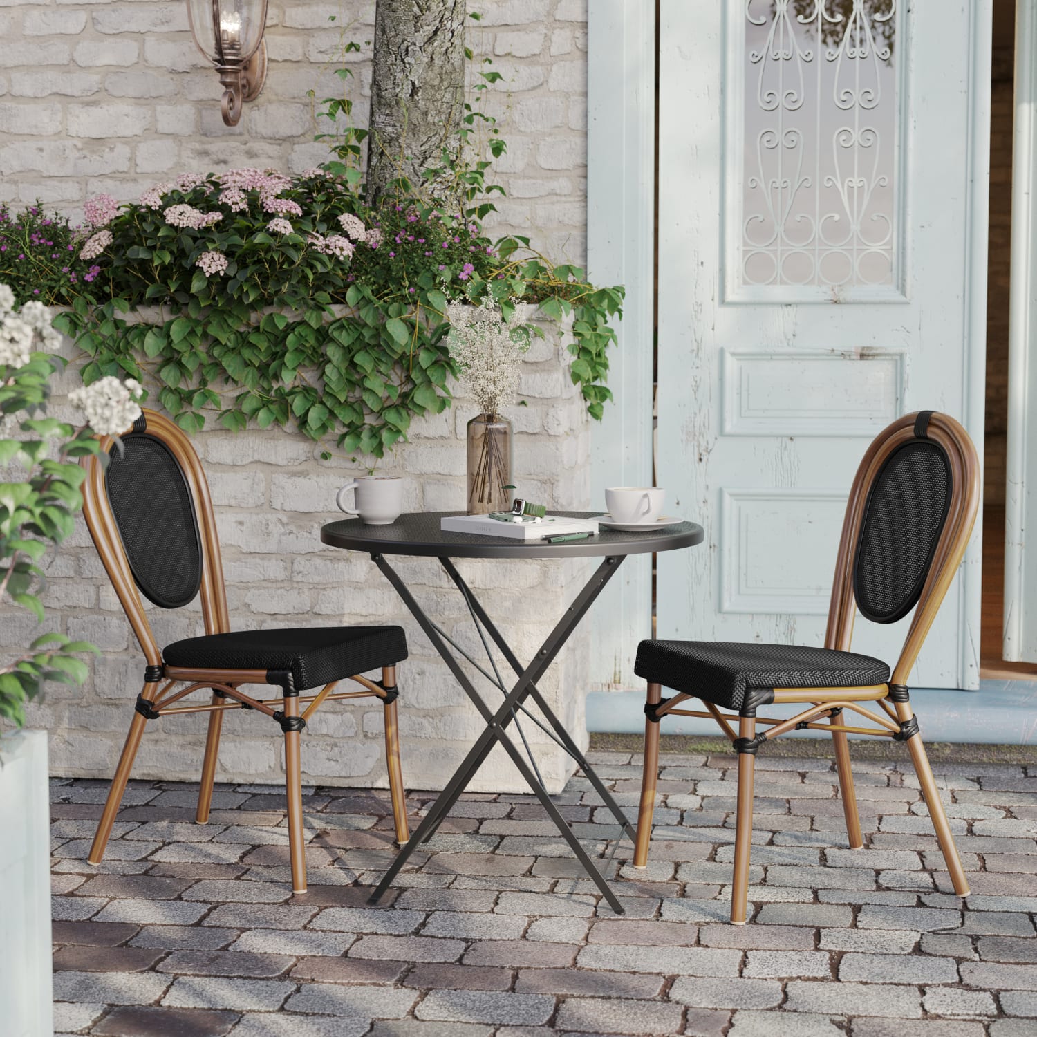 Flash Furniture 2 Pack Marseille Indoor/Outdoor Commercial Thonet Bistro Stacking Chair, Textilene and Bamboo Print Aluminum Frame, Black/Natural Frame - Image 6