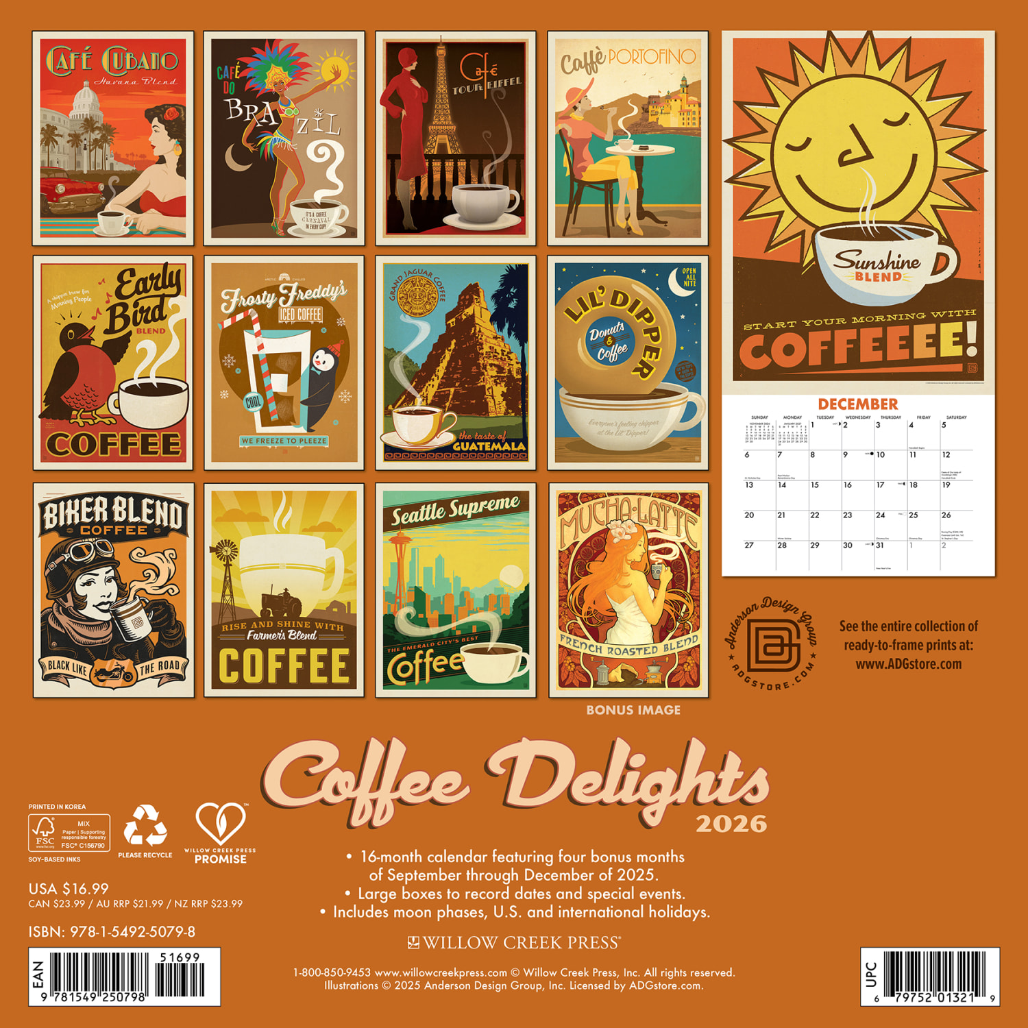 2026 Willow Creek Press Art & Design Monthly Wall Calendar, 12in x 12in, Coffee Delights (Anderson Design Group), January To December, 50798 - Image 6