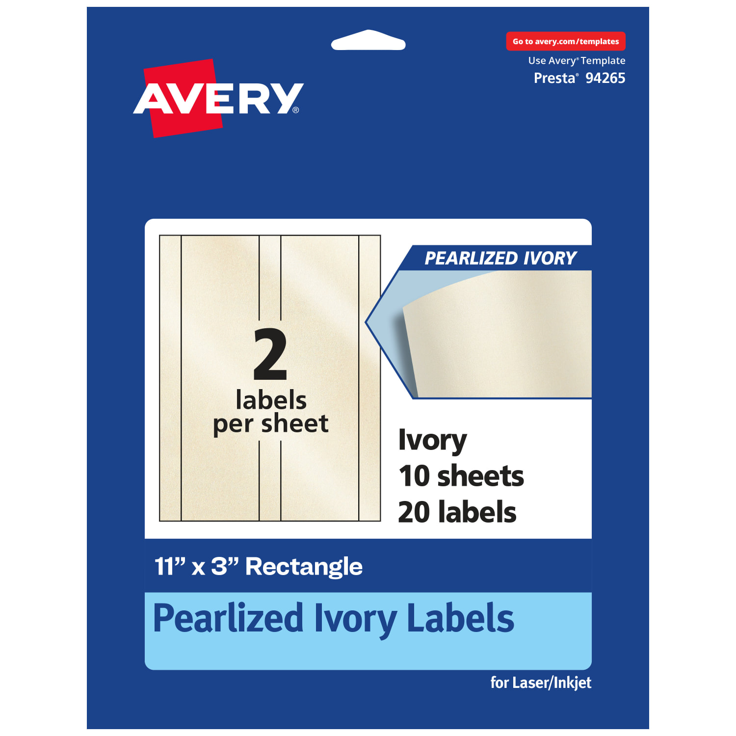 Avery Pearlized Permanent Labels, 94265-PIP10, Rectangle, 11in x 3in, Ivory, Pack Of 20 Labels