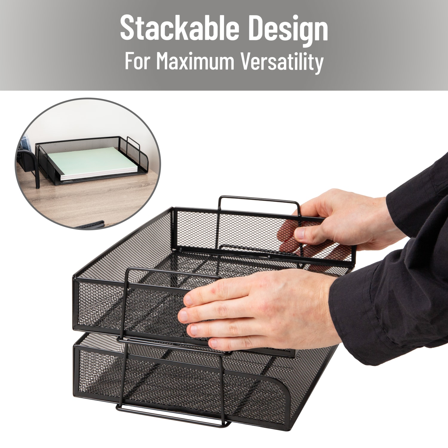 Mind Reader Stackable Paper Tray Desktop Organizer, 6-1/4inH x 9-3/4inW x 13-1/4inD, Black - Image 5