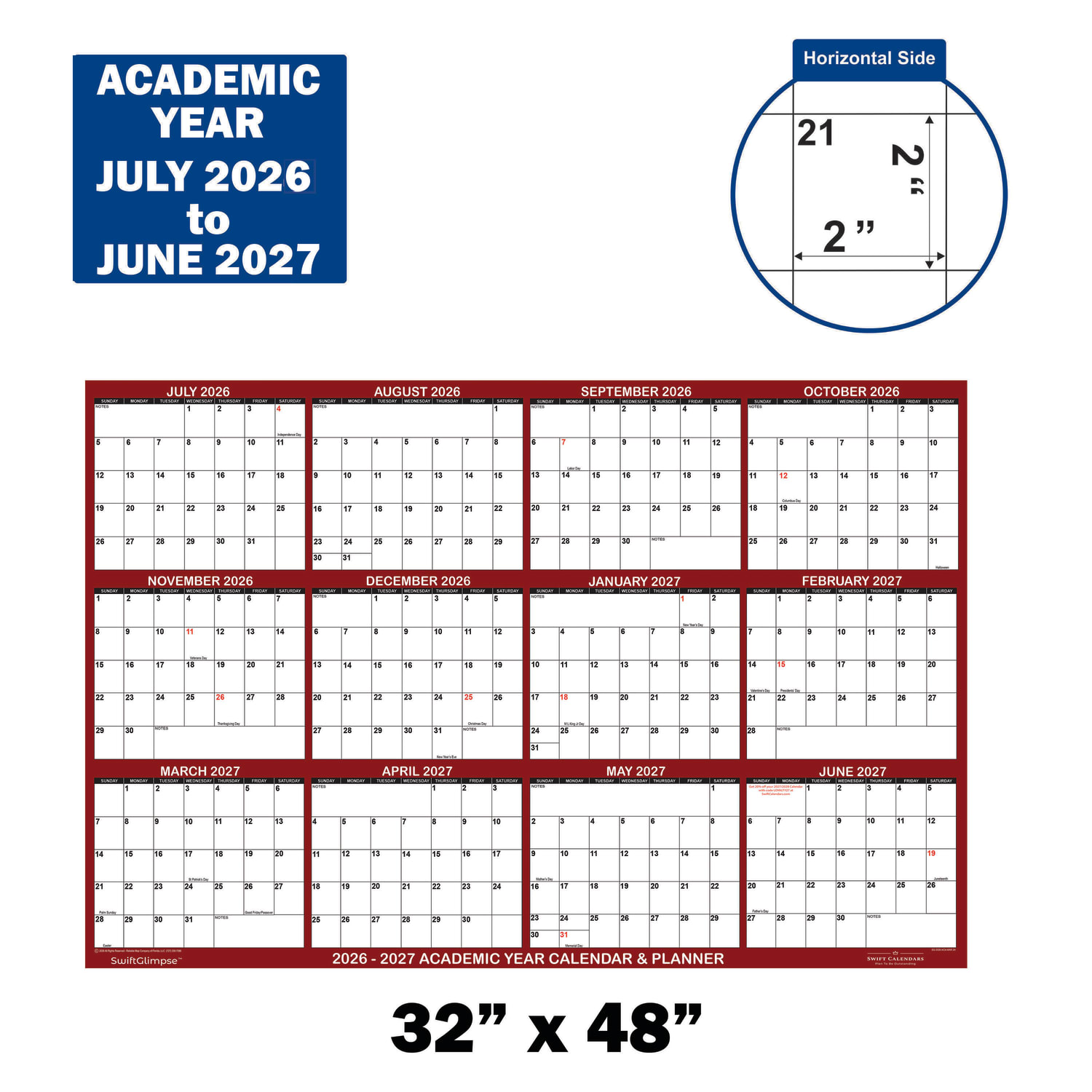 2026-2027 SwiftGlimpse Academic Monthly Wall Calendar, 32in x 48in, Maroon/White, July To June, Total Qty 1 - Image 3