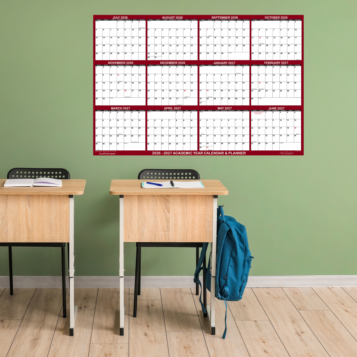 2026-2027 SwiftGlimpse Academic Monthly Wall Calendar, 32in x 48in, Maroon/White, July To June, Total Qty 1 - Image 5
