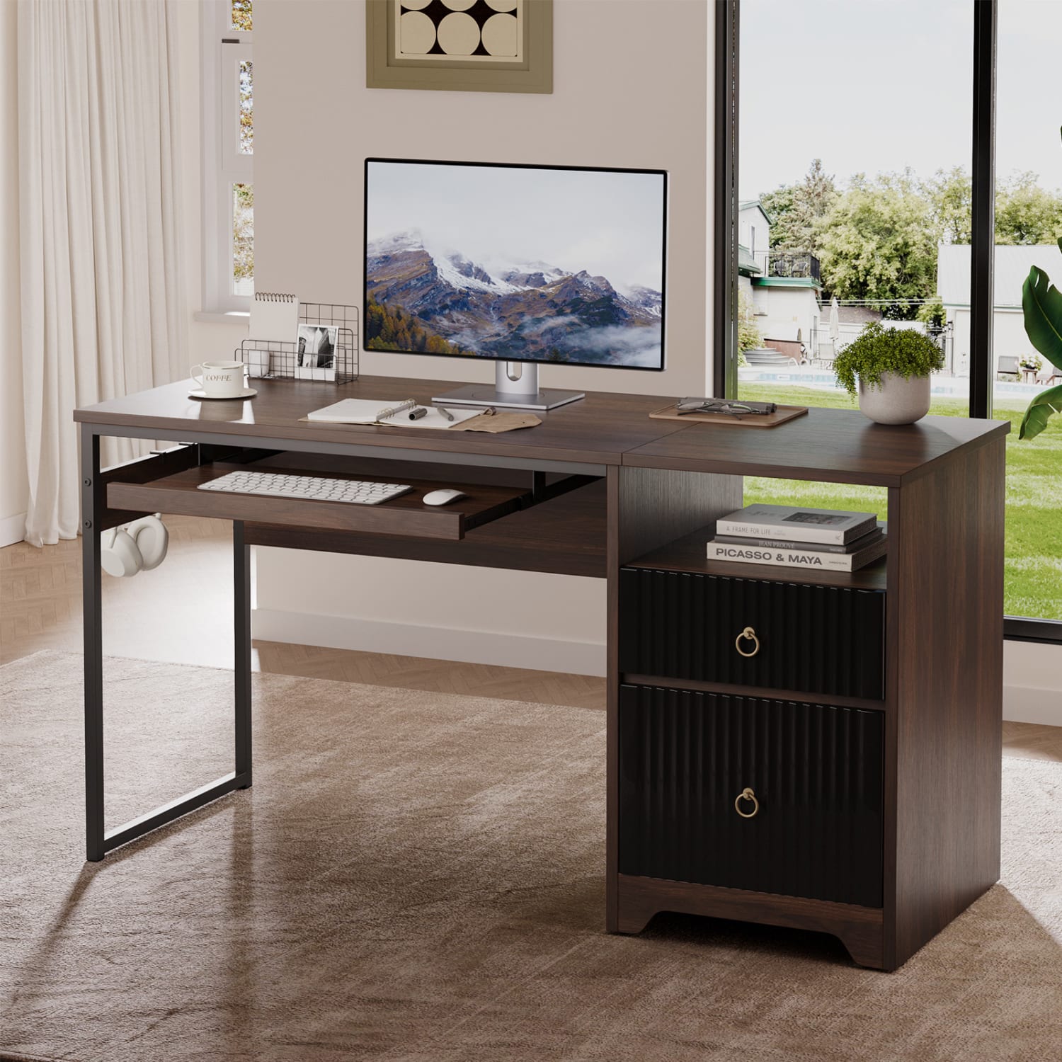 Bestier 56inW Writing Computer Desk With Storage And Keyboard Tray, Walnut - Image 3