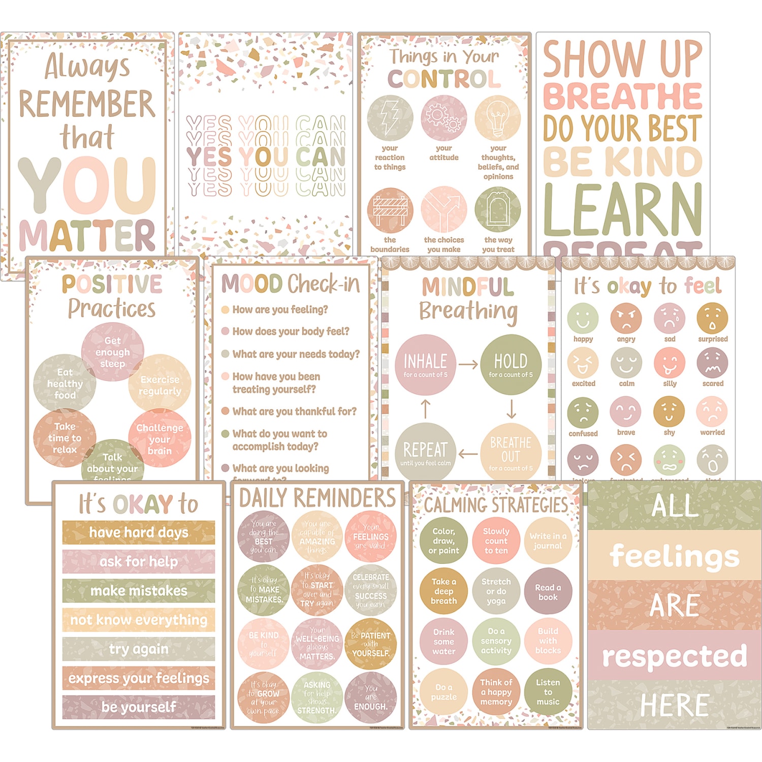 Teacher Created Resources Terrazzo Tones Positive Practices Small Posters, 11in x 15-3/4in, Multicolor, Pack Of 12 Posters