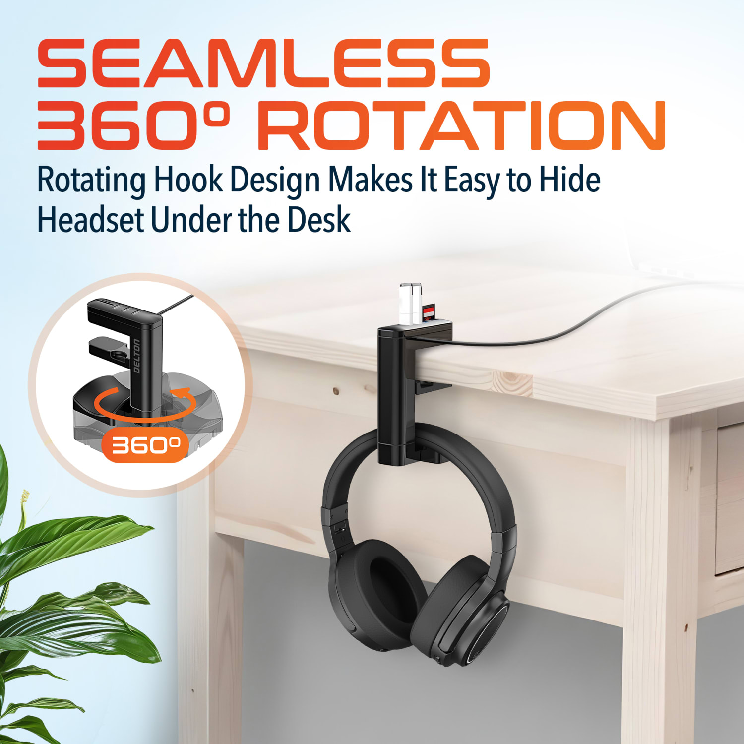 Delton HS7 Headset Holder And USB Charging Hub, 6inH x 1-1/2inW x 7inD, White - Image 4