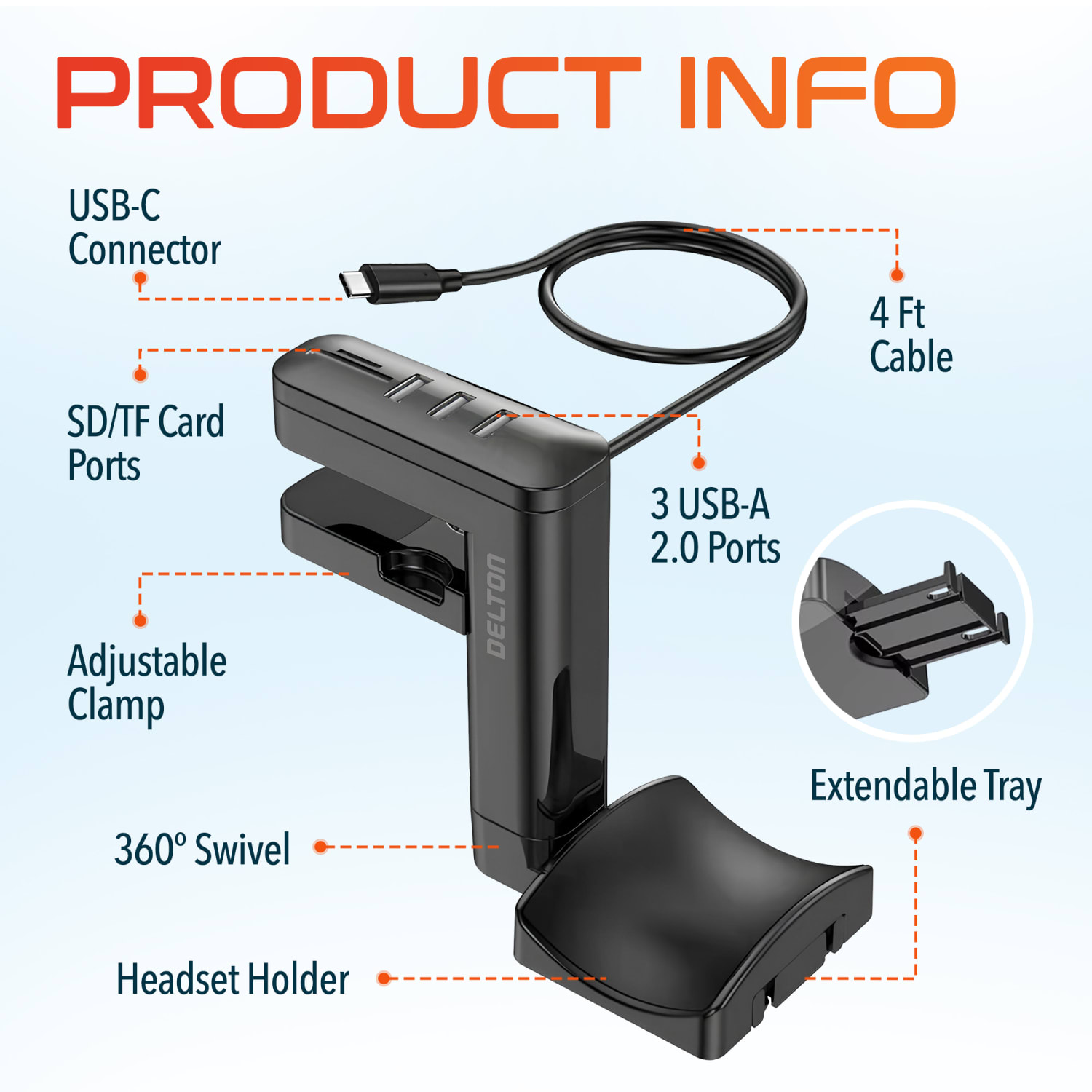 Delton HS7 Headset Holder And USB Charging Hub, 6inH x 1-1/2inW x 7inD, White - Image 5
