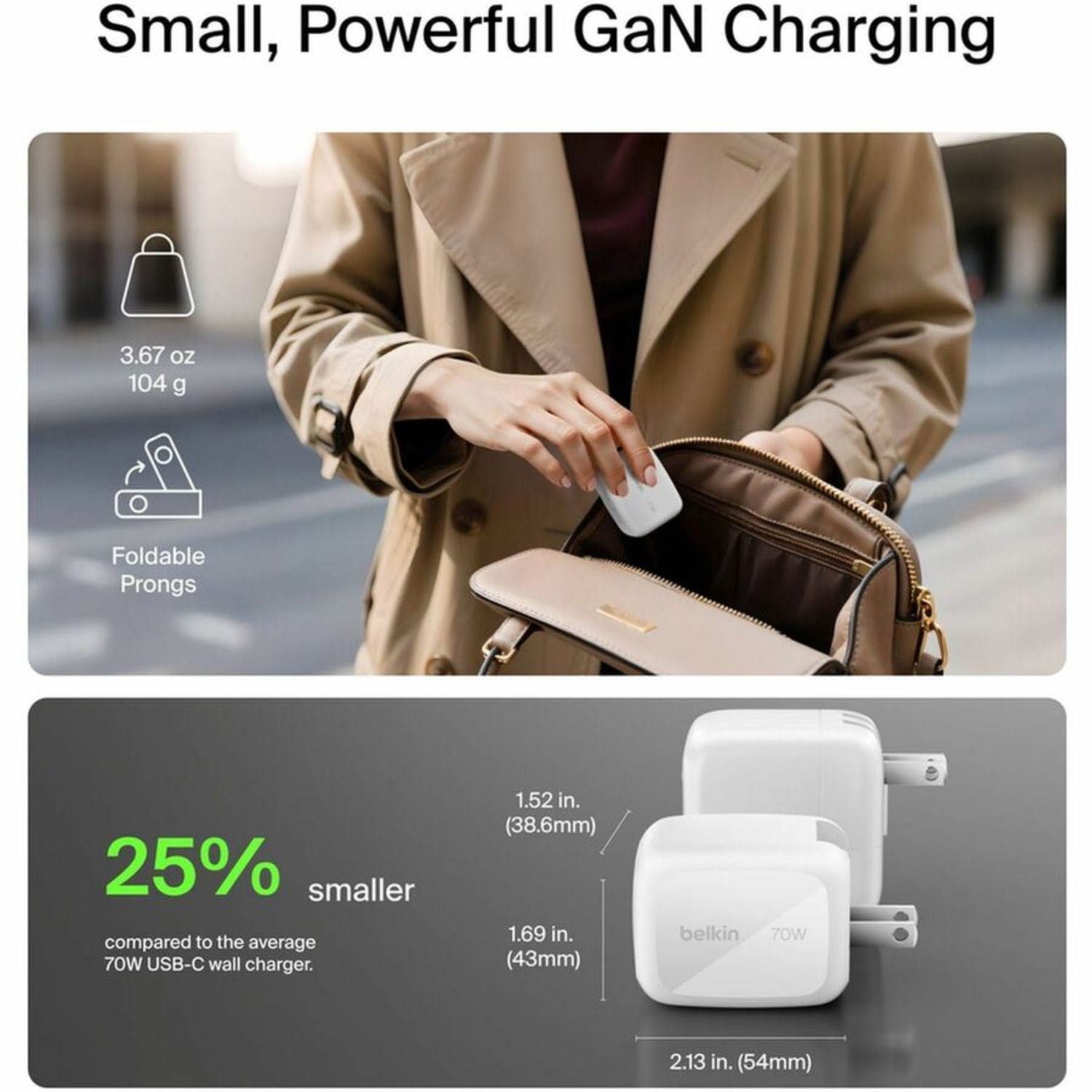 Belkin 70W GaN 3-Port USB Wall Charger - 1xUSB-A, 2xUSB-C - Foldable Prongs - Power Adapter - White - 70 W - United States - Image 5