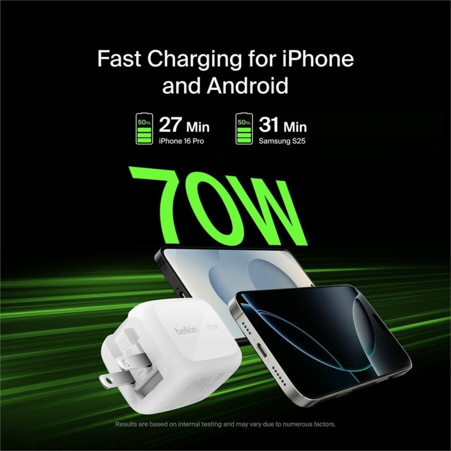 Belkin 70W GaN 3-Port USB Wall Charger - 1xUSB-A, 2xUSB-C - Foldable Prongs - Power Adapter - White - 70 W - United States - Image 6