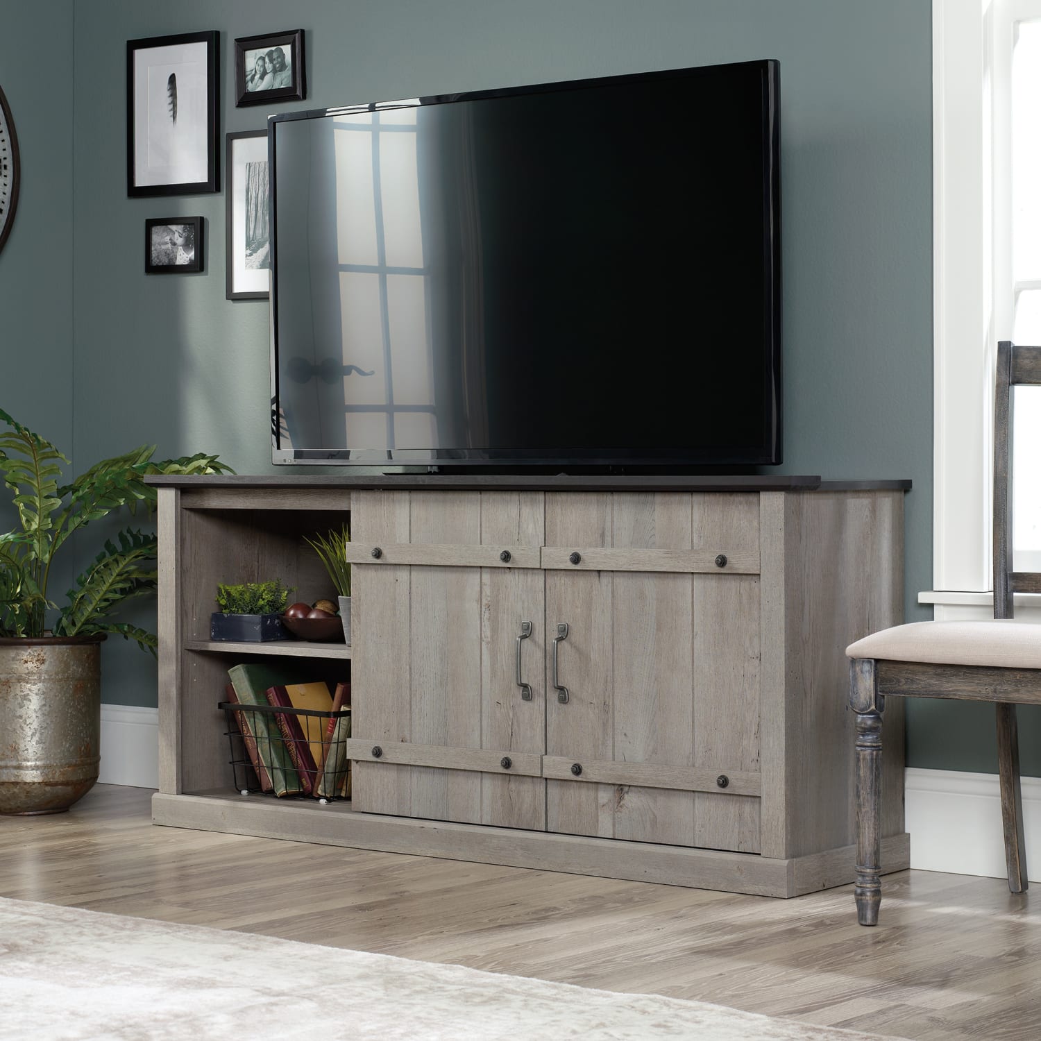 Sauder Select Farmhouse Entertainment Credenza With Sliding Doors For 70in TVs, Mystic Oak/Raven Oak - Image 4