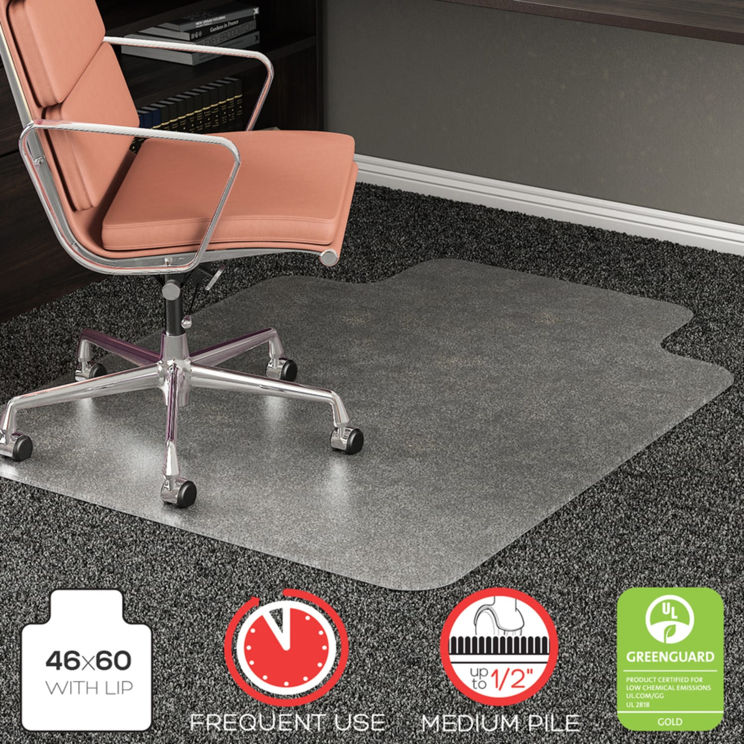 deflecto RollaMat Chairmat - Home, Office, Carpet - 60in Length x 46in Width - Lip Size 12in Length x 25in Width - Rectangle - Textured - Vinyl - Clear - Image 6