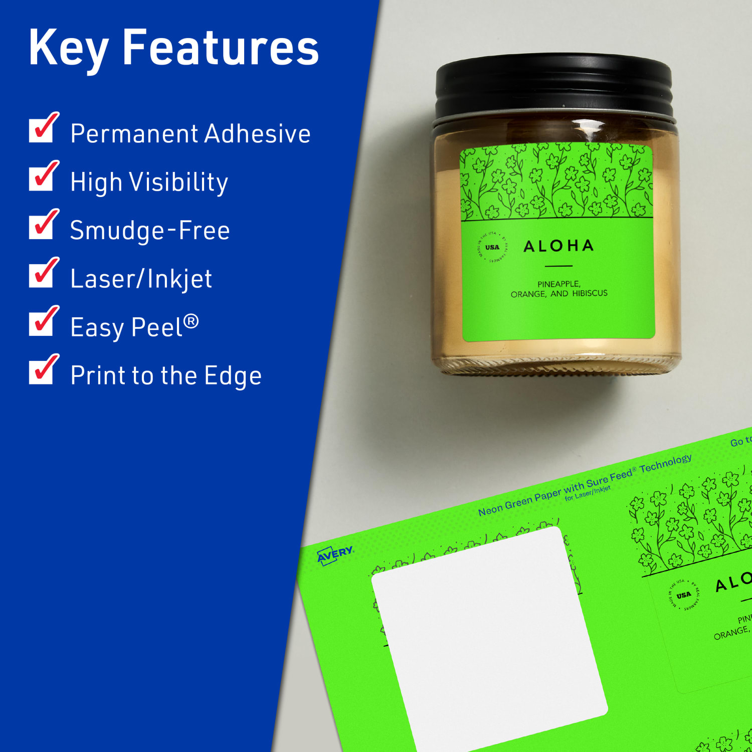 Avery Print-To-The-Edge Labels With Sure Feed Technology And Easy Peel Label Feature, 94101-NGP10, Square, 3in x 3in, Matte Neon Green, Pack of 60 - Image 3
