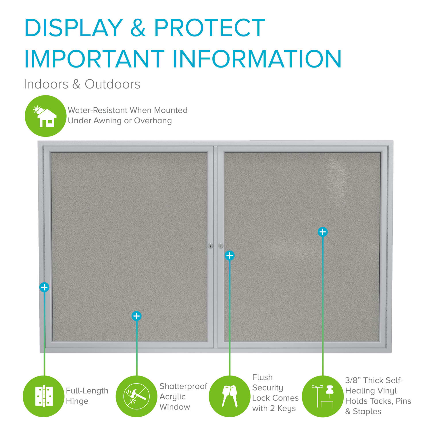Ghent 2 Door Enclosed Vinyl Bulletin Board, Satin Aluminum Frame, 36inH x 48inW, Silver - Image 3