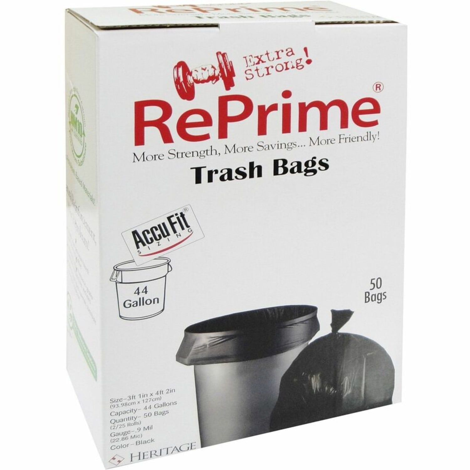 Heritage RePrime AccuFit 44-gal Can Liners - 44 gal Capacity - 37in Width x 50in Length x 0.90 mil (23 Micron) Thickness - Low Density - Black - Linear Low-Density Polyethylene (LLDPE) - Garbage - 50 / Box - 4 / Carton - Image 3