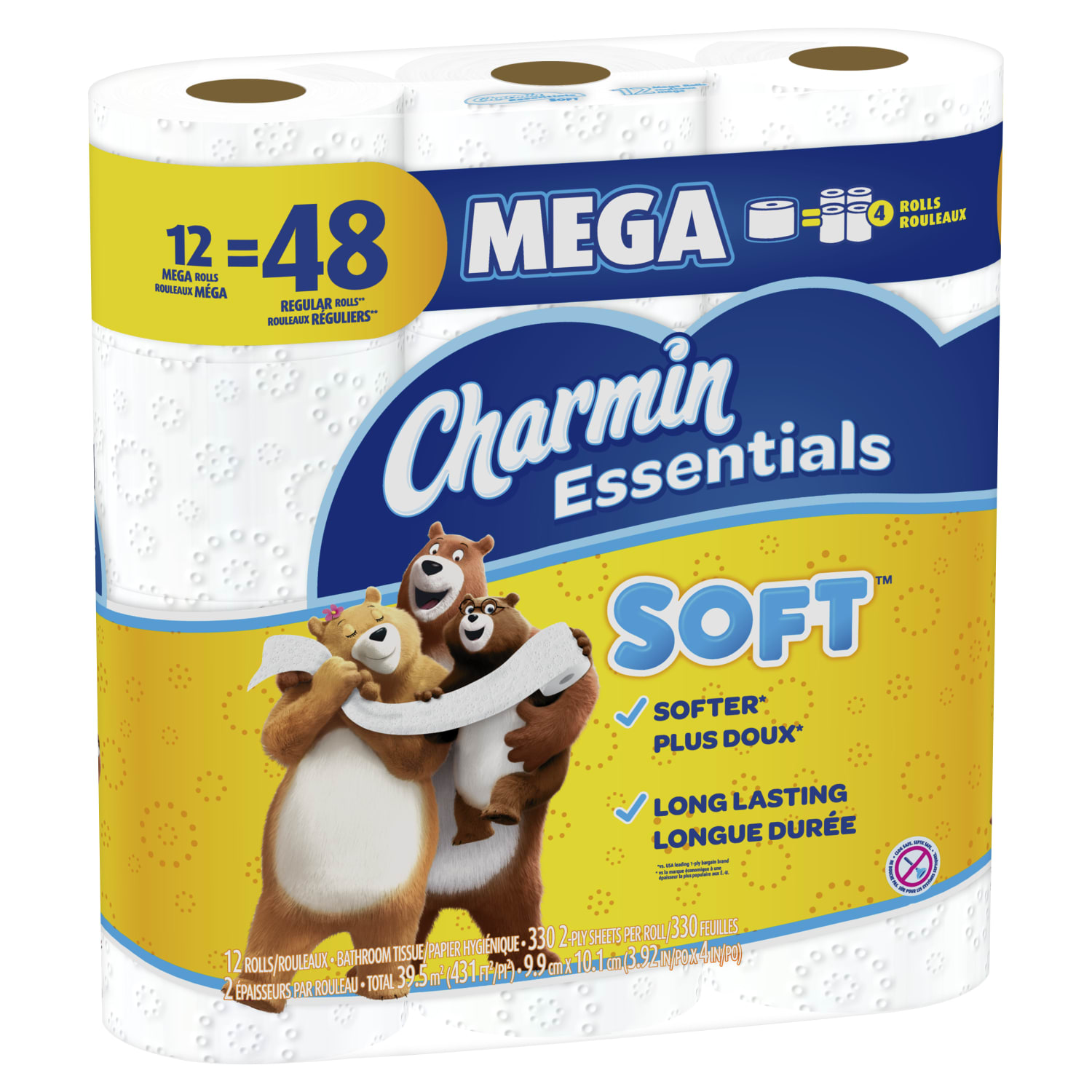 Charmin Essentials 2-Ply Soft Mega Toilet Paper Rolls, 15in x 5-1/4in, White, 330 Sheets Per Roll, Pack Of 12 Rolls - Image 3