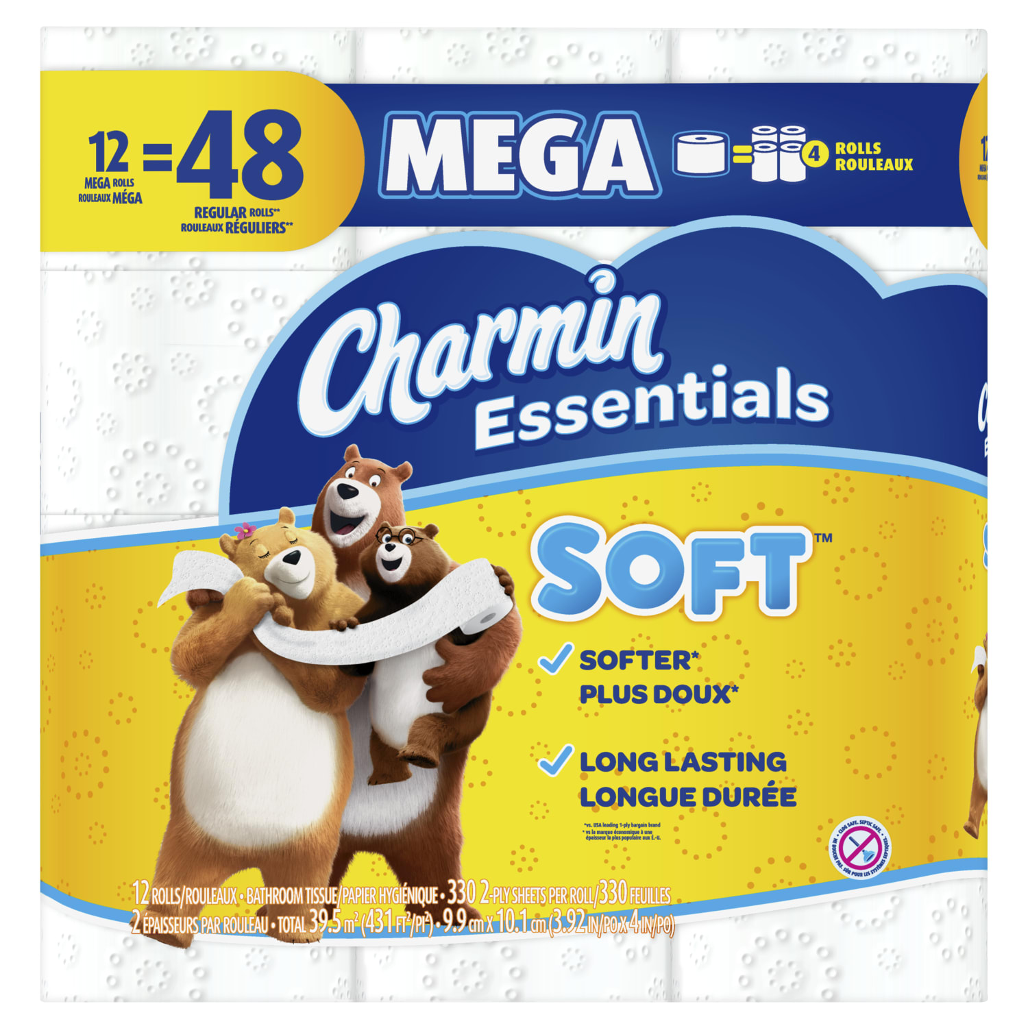 Charmin Essentials 2-Ply Soft Mega Toilet Paper Rolls, 15in x 5-1/4in, White, 330 Sheets Per Roll, Pack Of 12 Rolls - Image 4