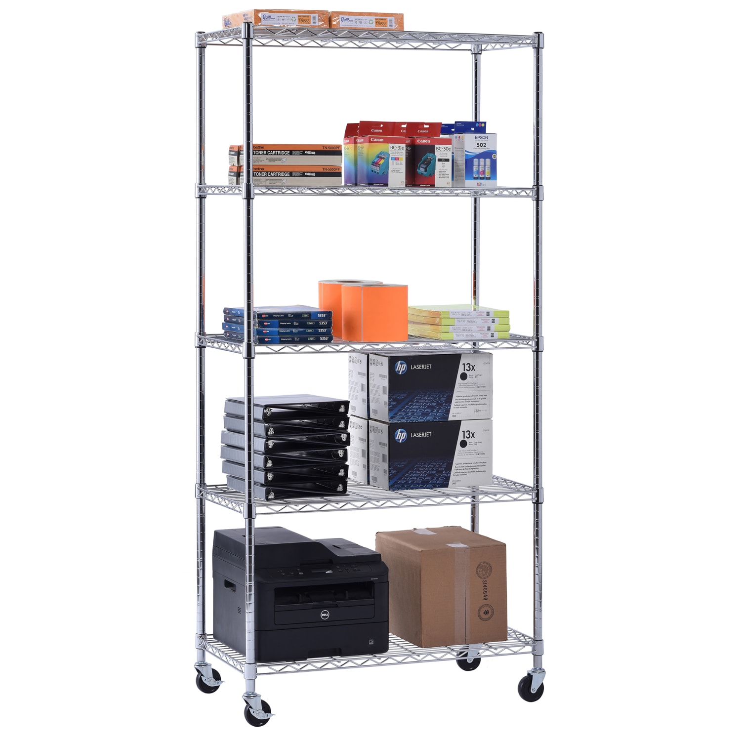 Edsal Muscle Rack Adjustable Mobile Wire Shelving, 5-Tier, 75inH x 36inW x 18inD, Chrome - Image 5