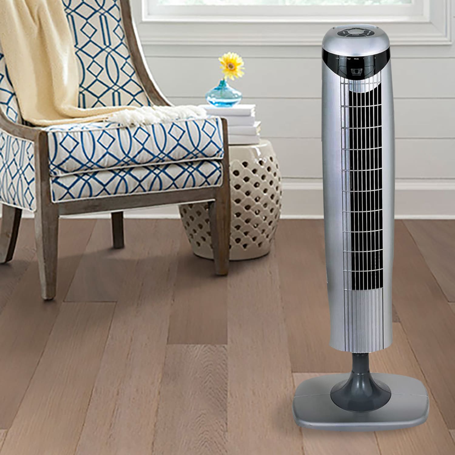 Optimus Pedestal Tower Fan With Remote Control And LED, 35in x 9in - Image 4