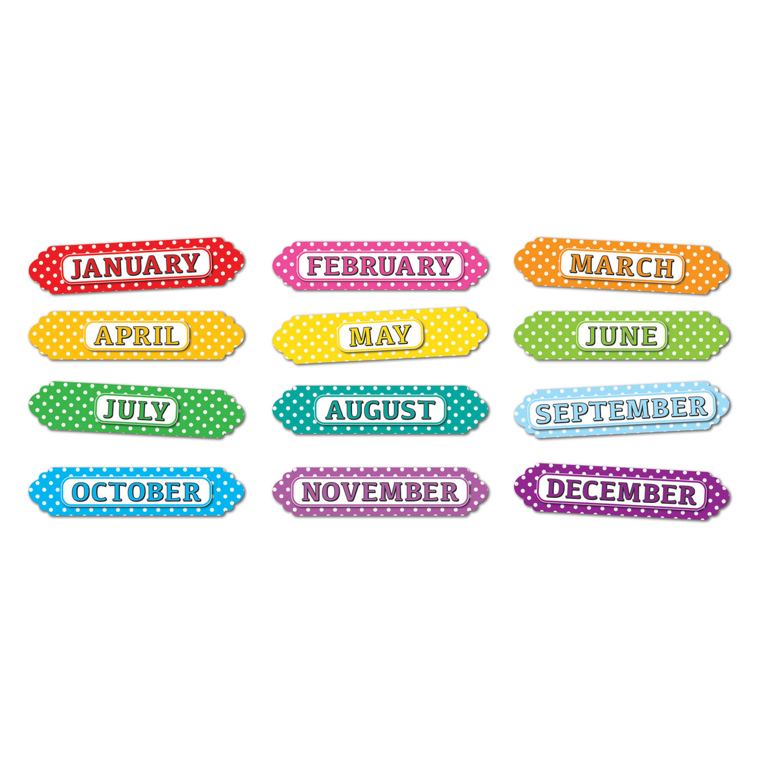 Ashley Productions Magnetic Die-Cut Timesavers & Labels, Months Of The Year, White Polka Dots/Assorted Colors, 12 Pieces Per Pack, Set Of 3 Packs - Image 3