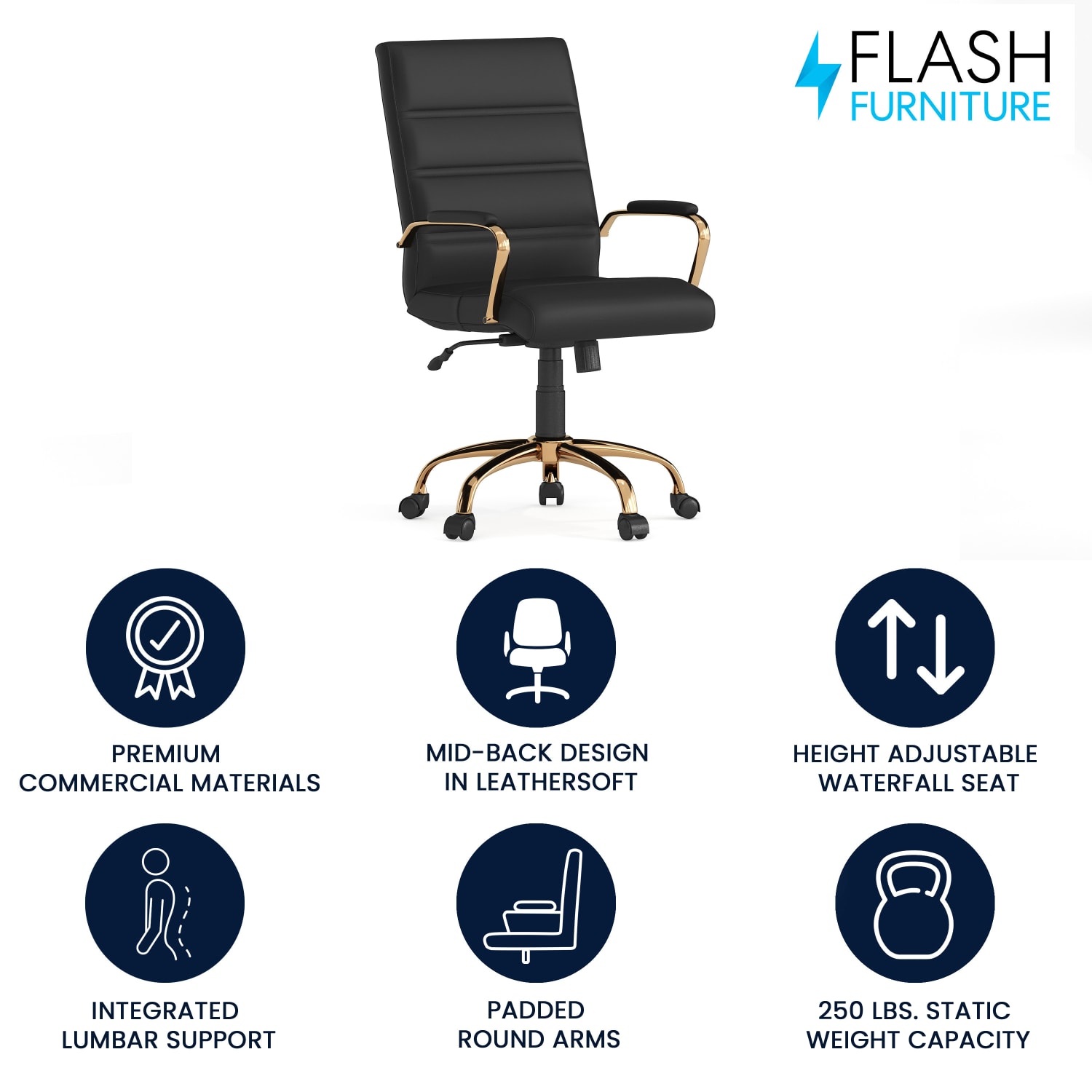 Flash Furniture LeatherSoft Faux Leather Mid-Back Office Chair With Chrome Base And Arms, Black/Gold - Image 3