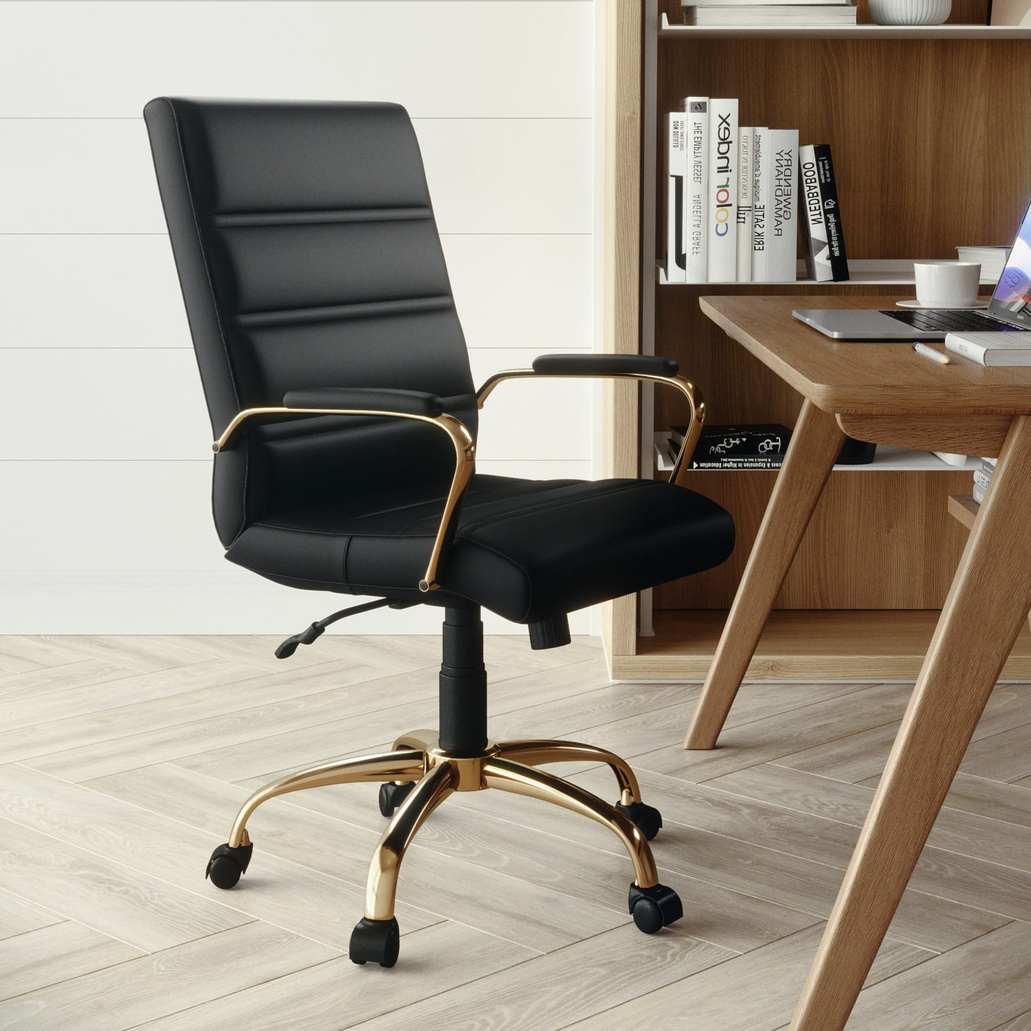 Flash Furniture LeatherSoft Faux Leather Mid-Back Office Chair With Chrome Base And Arms, Black/Gold - Image 4
