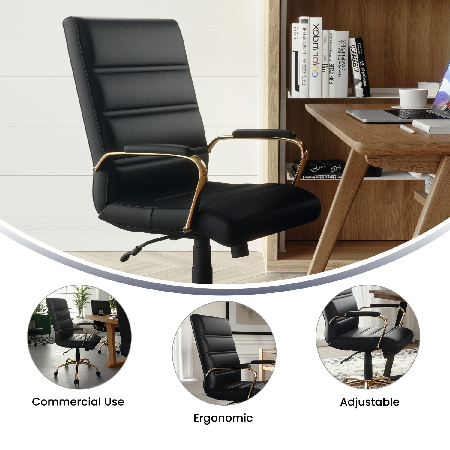 Flash Furniture LeatherSoft Faux Leather Mid-Back Office Chair With Chrome Base And Arms, Black/Gold - Image 5