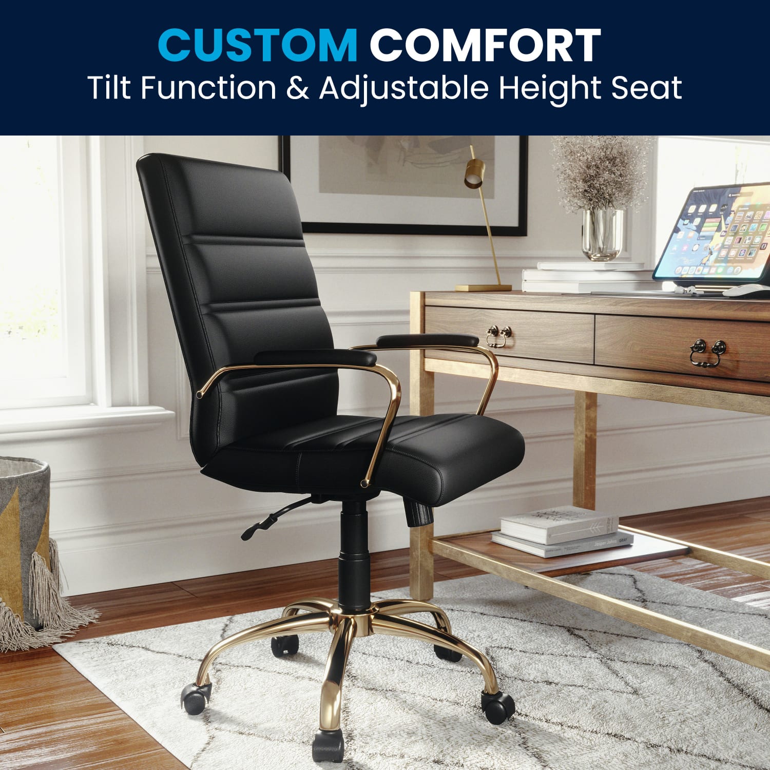 Flash Furniture LeatherSoft Faux Leather Mid-Back Office Chair With Chrome Base And Arms, Black/Gold - Image 8