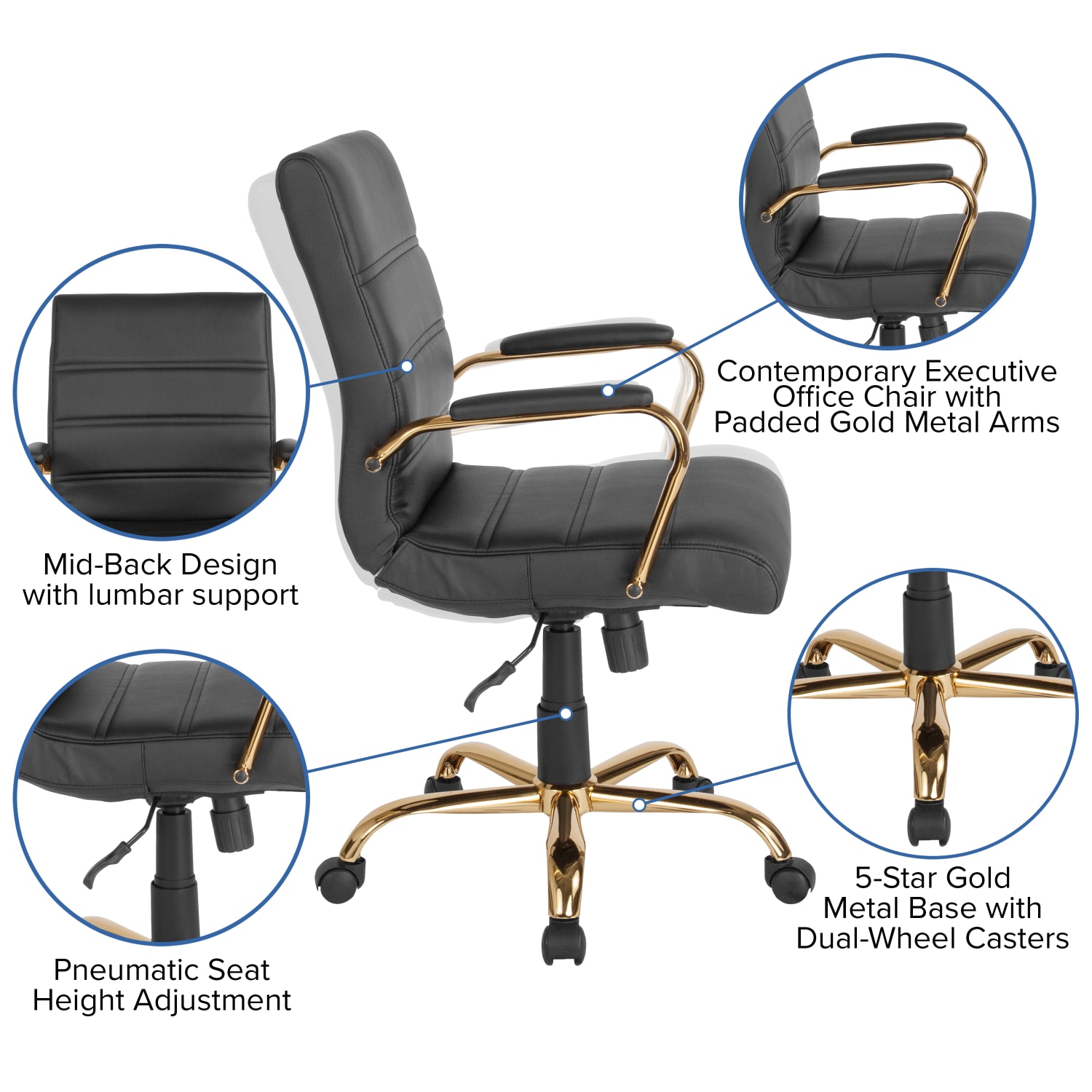 Flash Furniture LeatherSoft Faux Leather Mid-Back Office Chair With Chrome Base And Arms, Black/Gold - Image 13