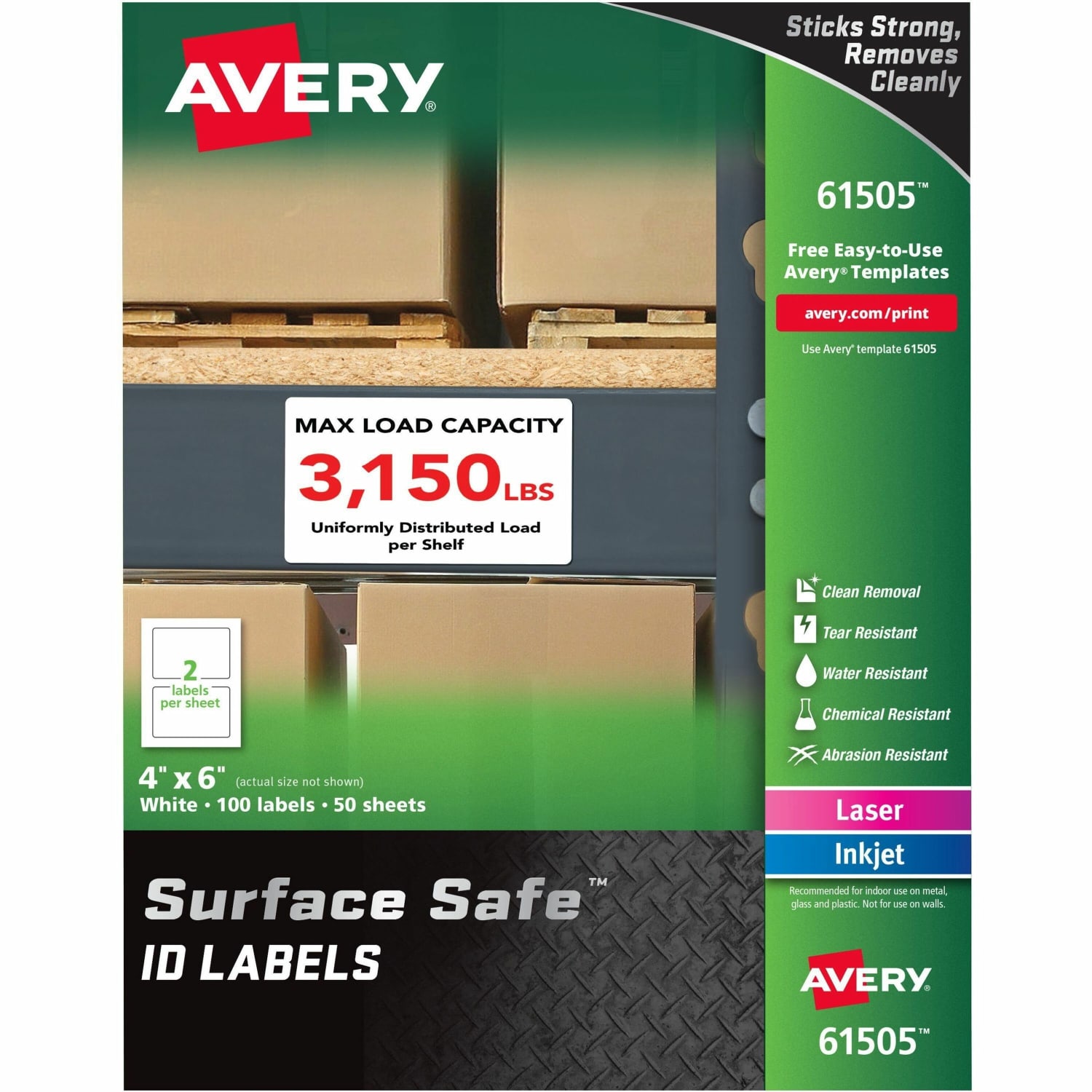 Avery Surface Safe ID Labels - Removable Adhesive - 4inx 6in - Rectangle - Laser, Inkjet - White - Polyester - 2 / Sheet - 50 Total Sheets - 100 / Pack