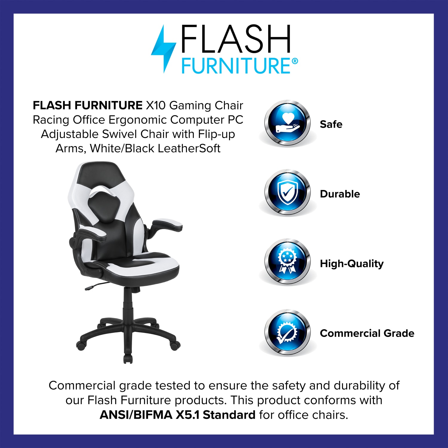 Flash Furniture X10 Ergonomic LeatherSoft Faux Leather High-Back Racing Gaming Chair With Flip-Up Arms, White/Black - Image 5