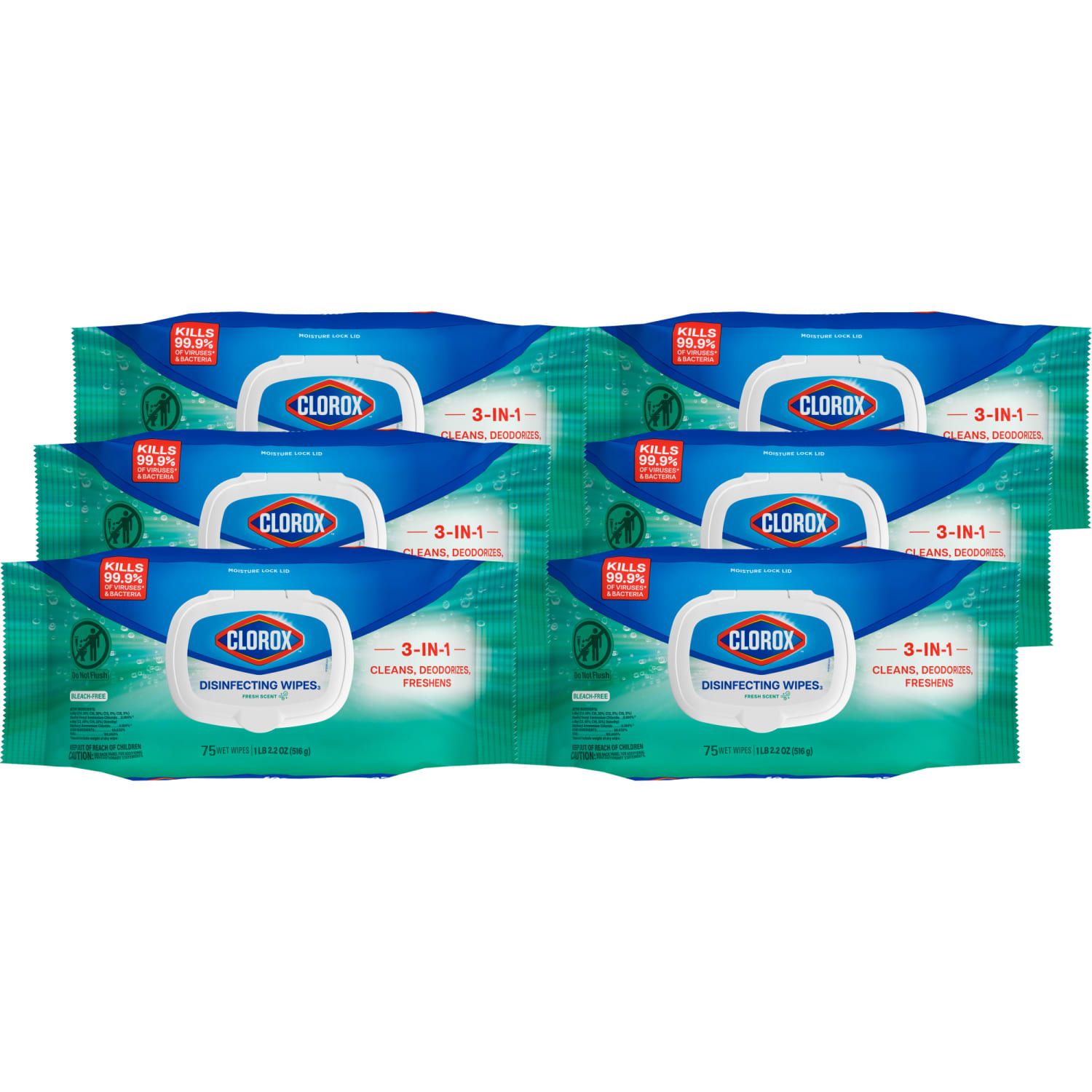 Clorox Disinfecting Cleaning Wipes Flex Pack, Fresh Scent, 75 Count, Pack of 6