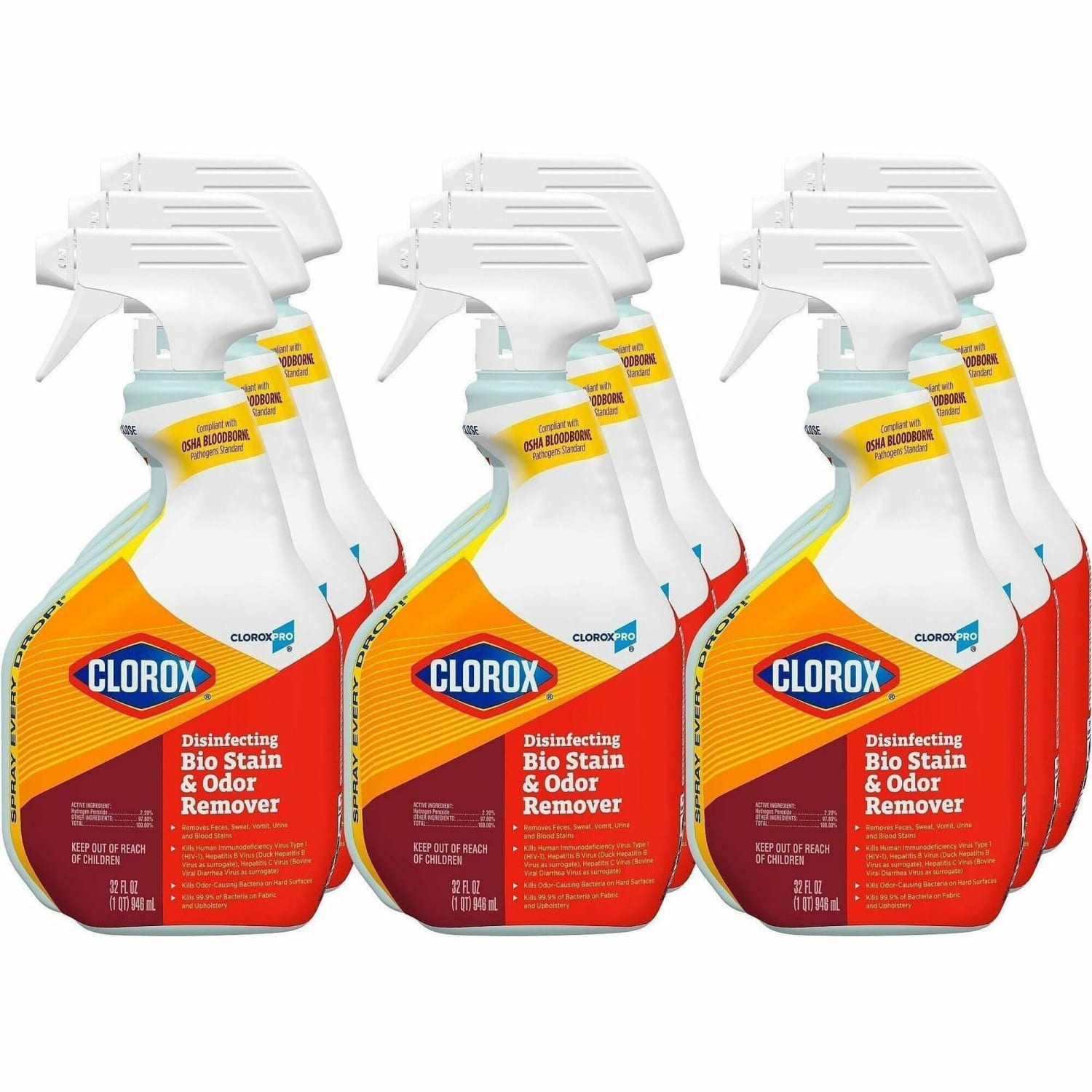CloroxPro Disinfecting Bio Stain & Odor Remover Spray, Ready-To-Use, 32 fl oz, Case of 9 - 31903CT
