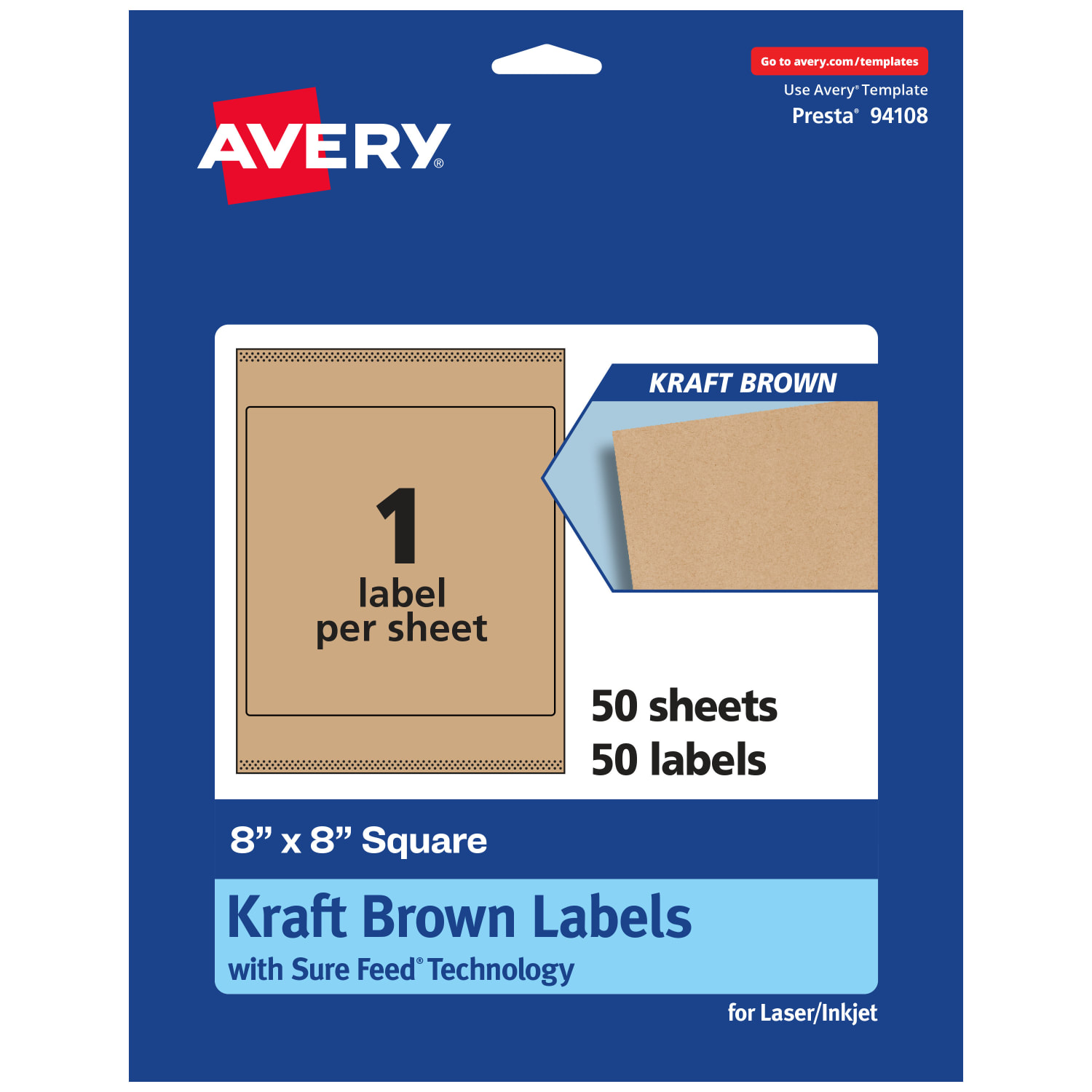 Avery Kraft Permanent Labels With Sure Feed, 94108-KMP50, Square, 8in x 8in, Brown, Pack Of 50