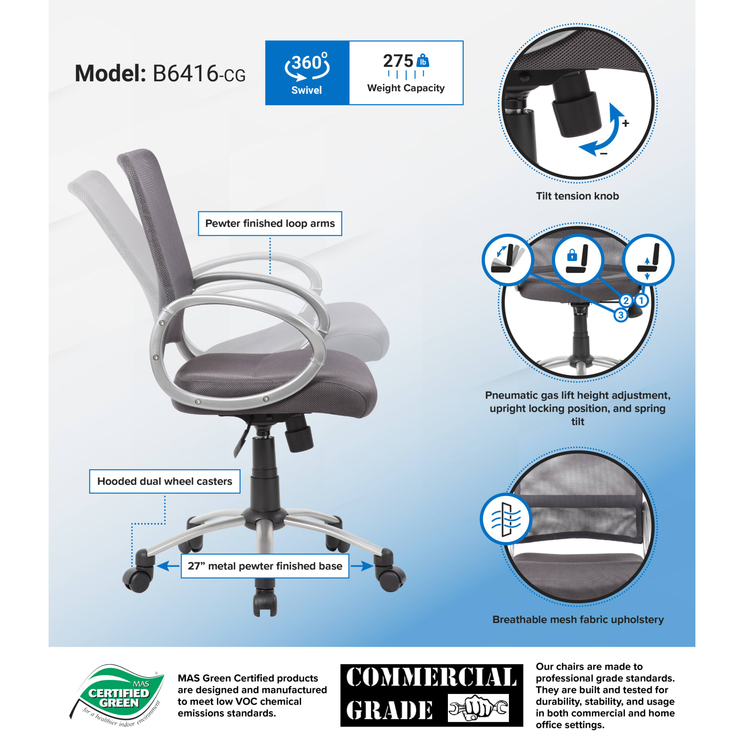 Boss Office Products Mesh Mid-Back Multipurpose Task Chair, Charcoal-Gray/Black-Pewter - Image 8