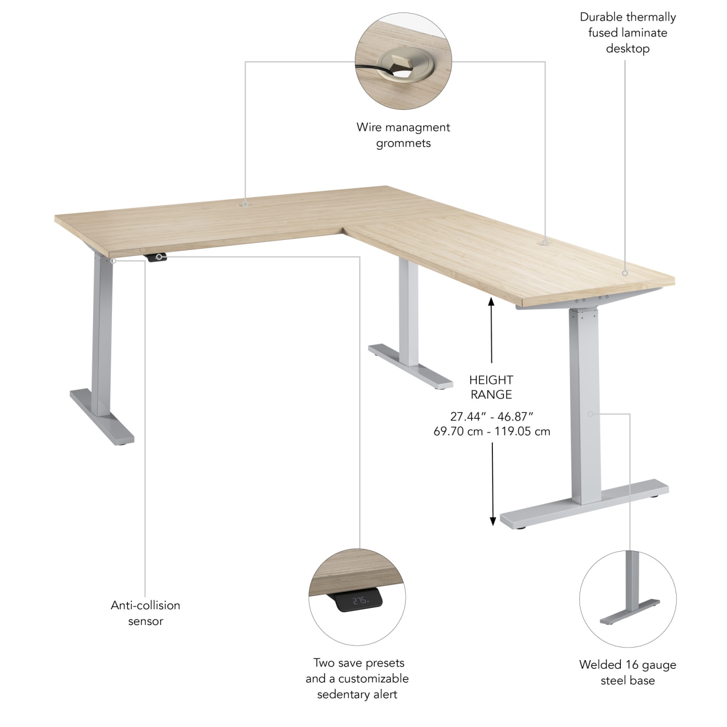 Bush Business Furniture Move 60 Series 60inW Height Adjustable L Shaped Standing Desk, Natural Elm/Cool Gray Metallic, Standard Delivery - Image 4