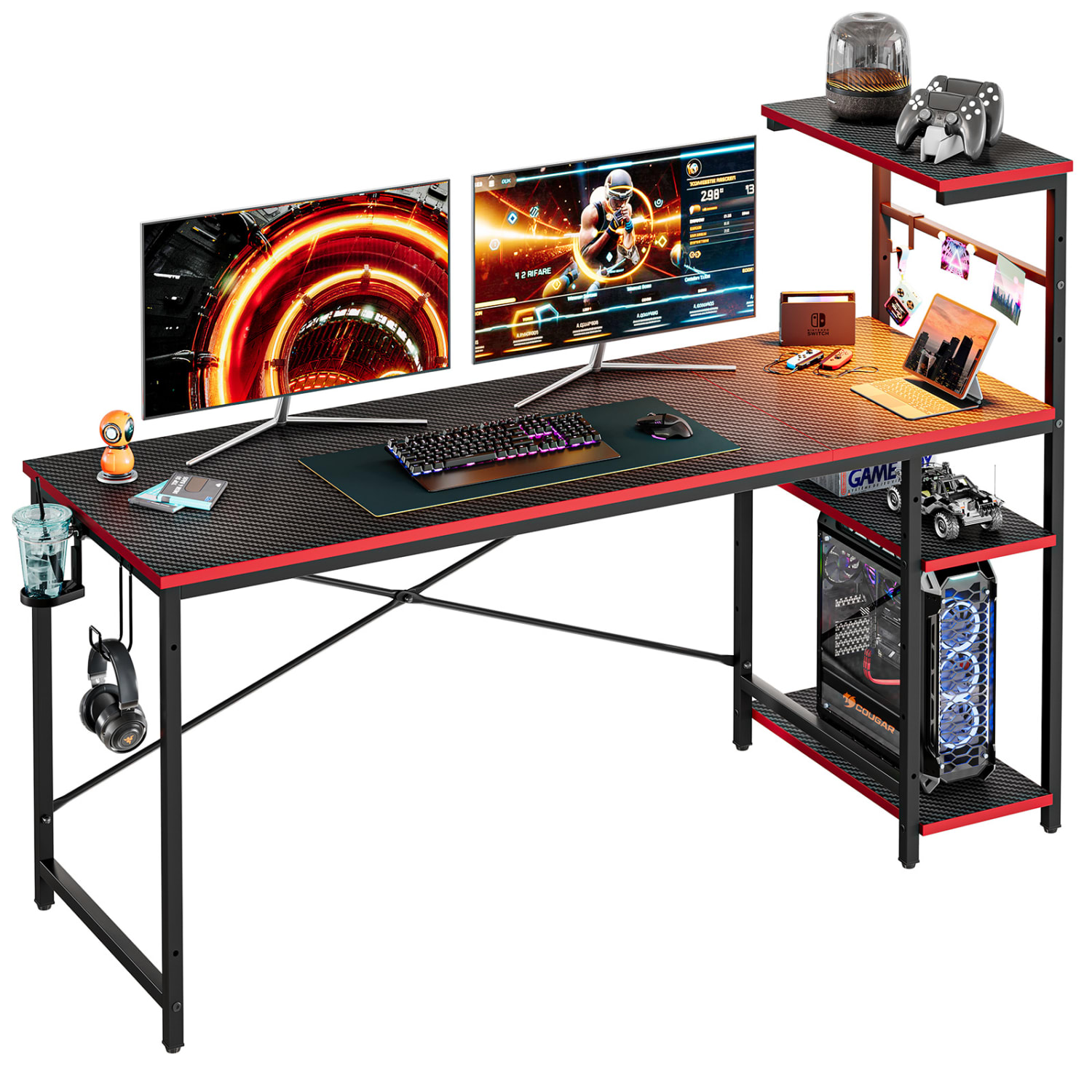 Bestier Gaming Computer Desk With RGB LED Lights And 4-Tier Storage Shelves, 61inW, Black Carbon Fiber - Image 3